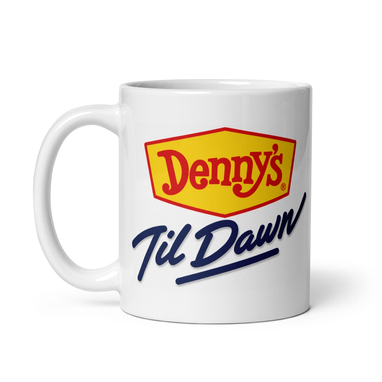 Denny's Til Dawn coffee mug featuring the classic Denny's logo with vintage Til Dawn branding printed on a premium white ceramic mug, perfect for late-night diner fans, restaurant memorabilia collectors, and nostalgic Americana gifts.