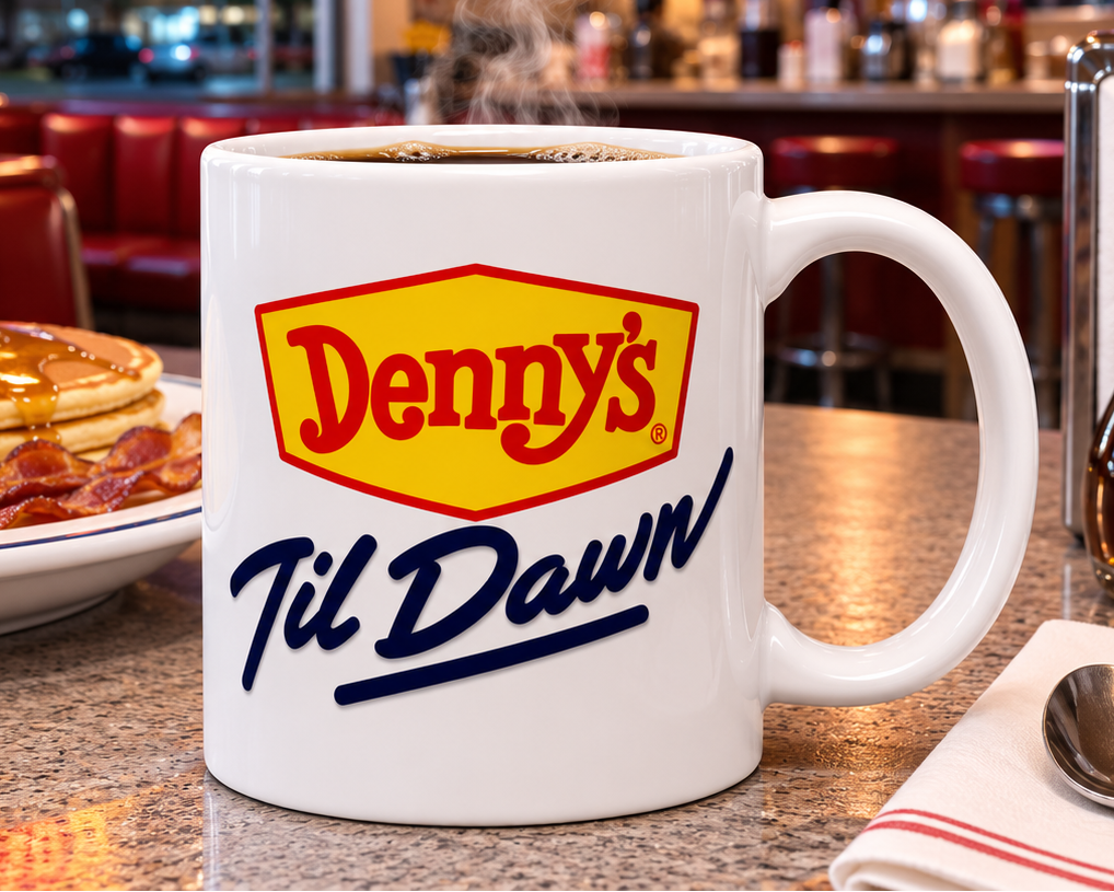 Denny's Til Dawn coffee mug featuring the classic Denny's logo with vintage Til Dawn branding printed on a premium white ceramic mug, perfect for late-night diner fans, restaurant memorabilia collectors, and nostalgic Americana gifts.