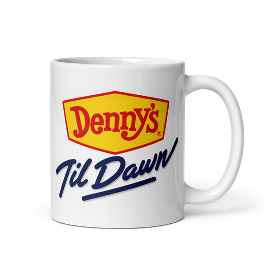 Vintage Denny's Til Dawn logo coffee mug with the iconic late-night diner design on a premium ceramic mug, an ideal gift for Denny's fans, retro restaurant collectors, coffee lovers, and nostalgic pop culture enthusiasts.
