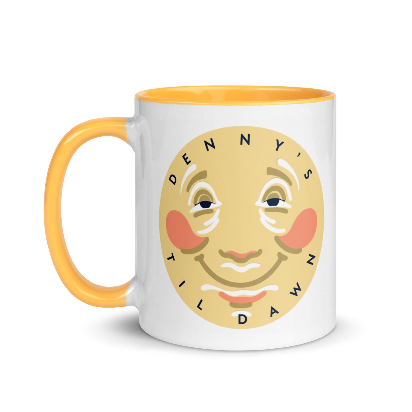 Vintage Denny's Til Dawn Moon coffee mug featuring the iconic smiling moon logo on a white ceramic mug with yellow accents, an ideal gift for Denny's fans, retro diner lovers, and Americana collectors.