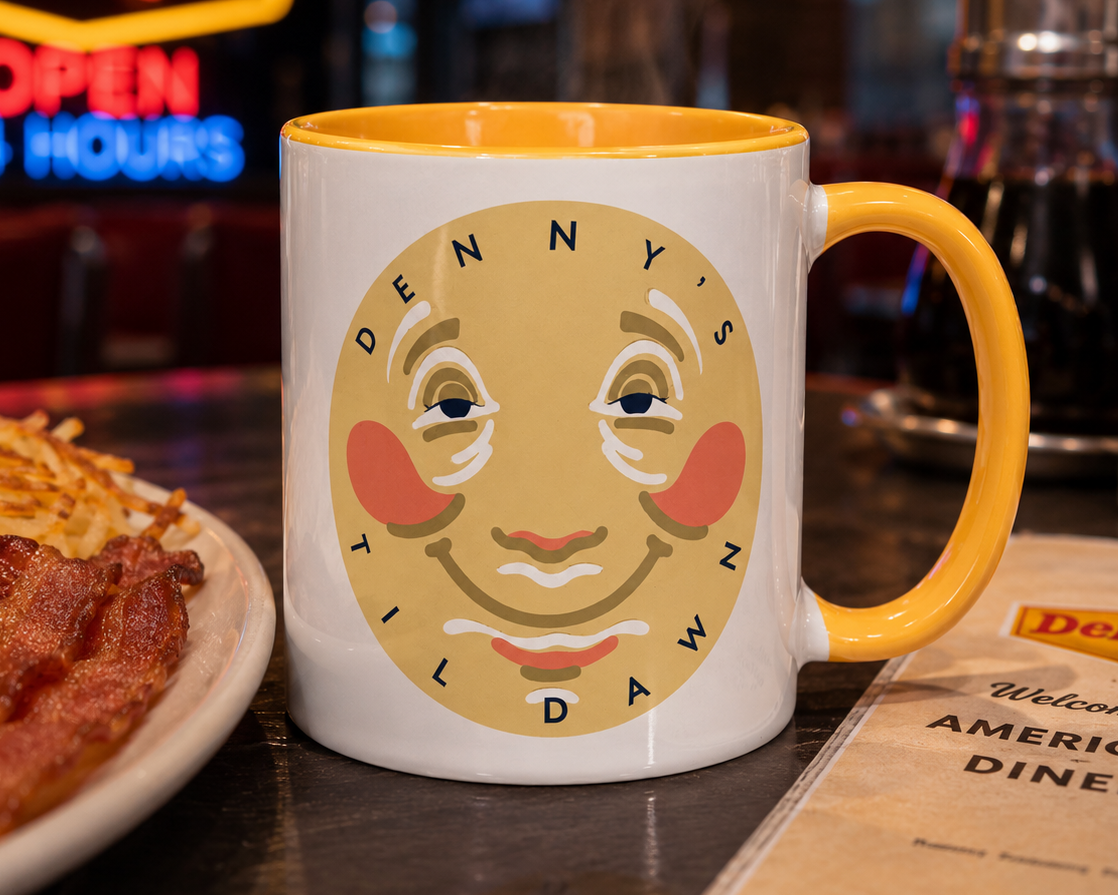 Denny's Til Dawn Moon logo coffee mug with classic smiling moon artwork on a premium ceramic mug featuring a yellow interior and handle, perfect for retro diner enthusiasts and nostalgic restaurant memorabilia collectors.