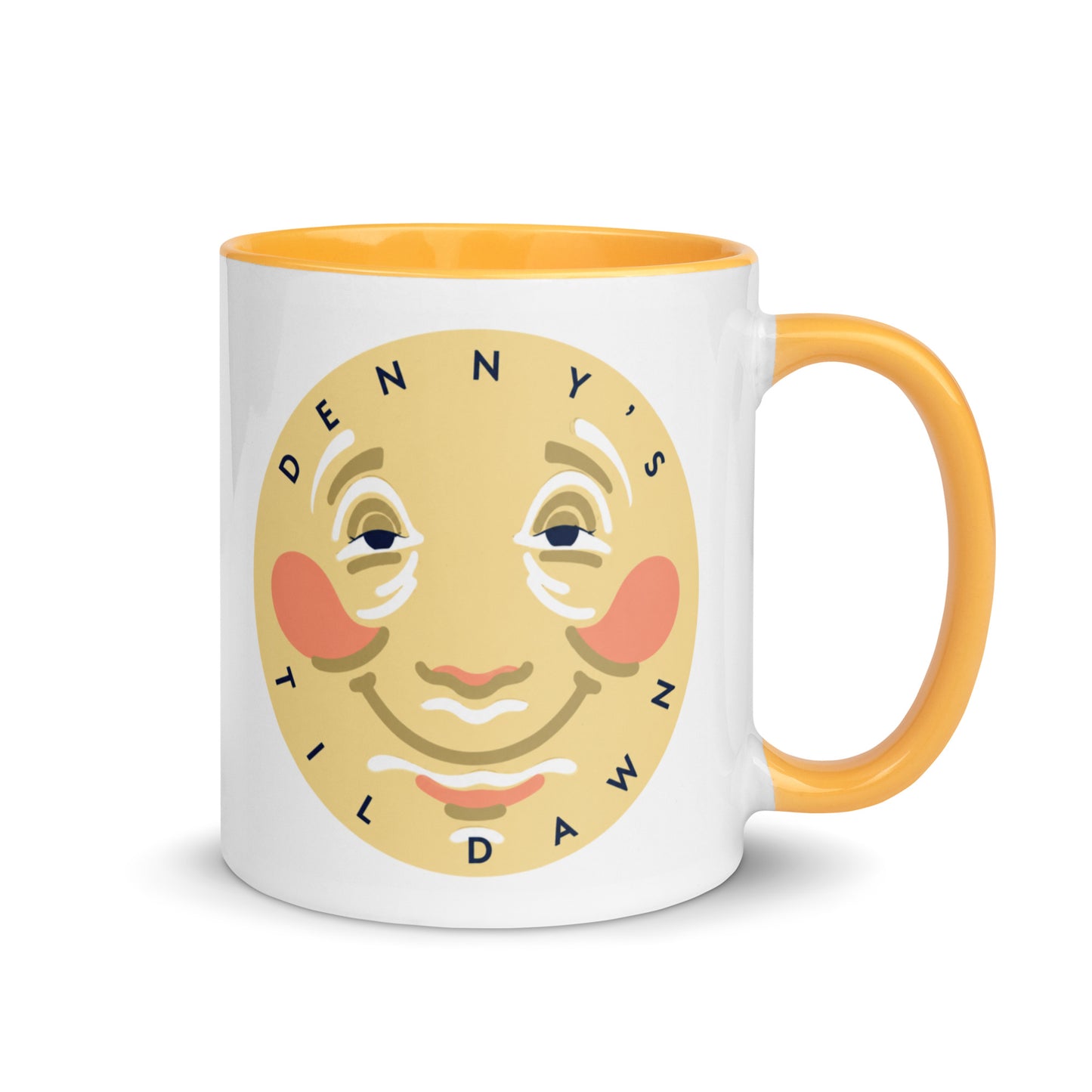 Denny's Til Dawn Moon logo coffee mug with classic smiling moon artwork on a premium ceramic mug featuring a yellow interior and handle, perfect for retro diner enthusiasts and nostalgic restaurant memorabilia collectors.