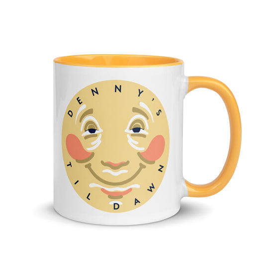 Denny's Til Dawn Moon logo coffee mug with classic smiling moon artwork on a premium ceramic mug featuring a yellow interior and handle, perfect for retro diner enthusiasts and nostalgic restaurant memorabilia collectors.