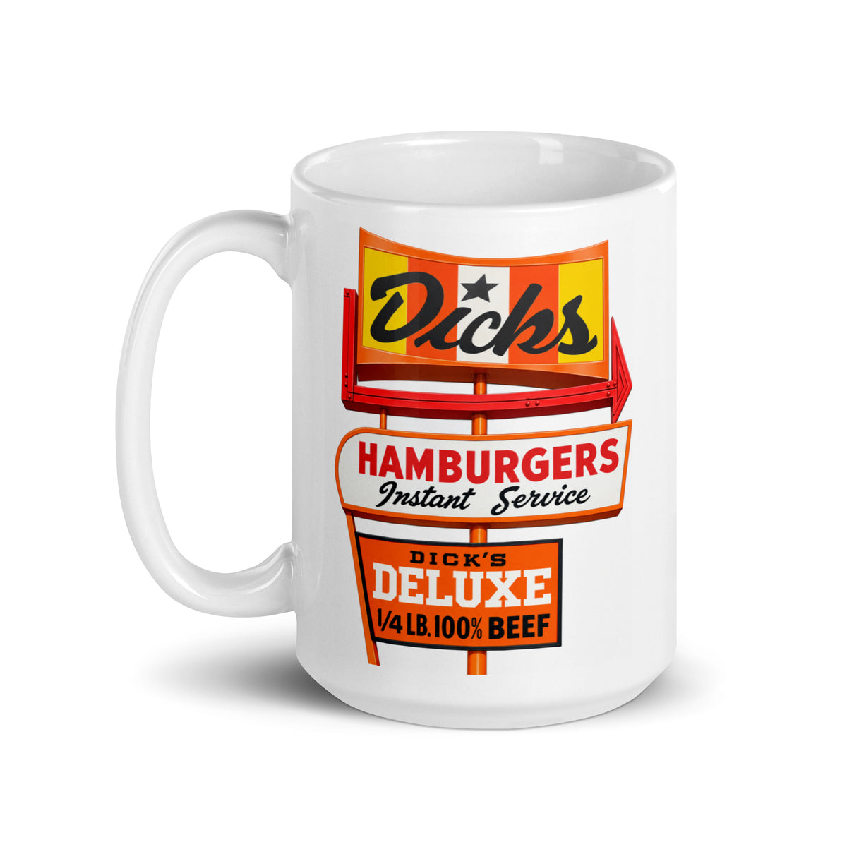 Dick’s Hamburgers 15 oz ceramic coffee mug featuring retro Hamburgers Instant Service sign