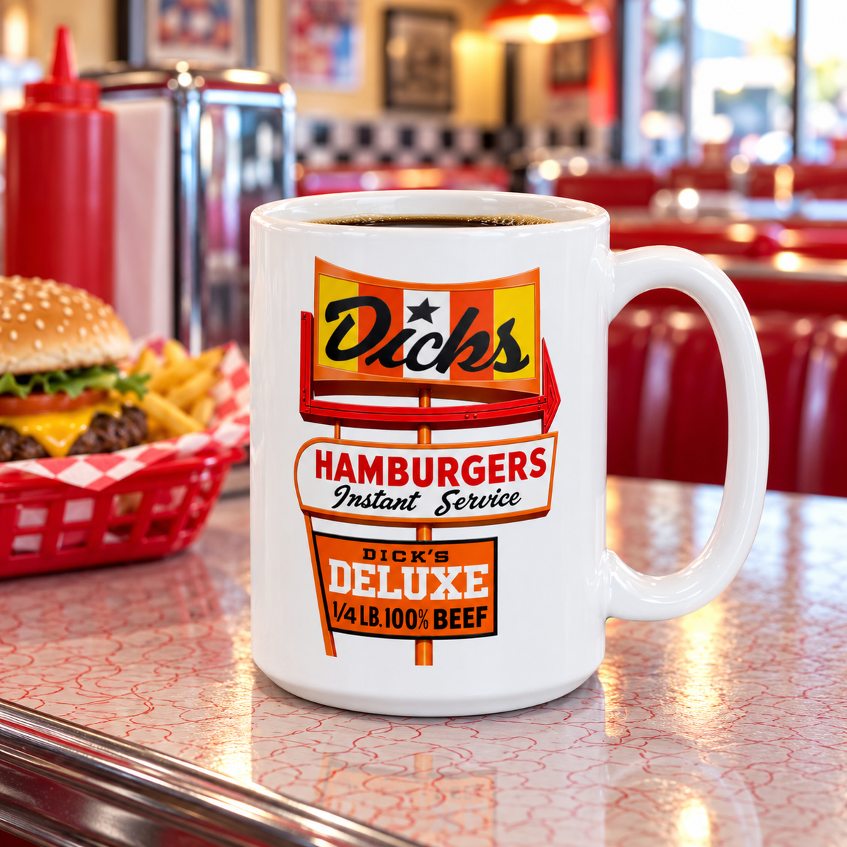 Vintage Dick’s Hamburgers coffee mug with classic Deluxe Burger roadside sign on white 15 oz ceramic mug