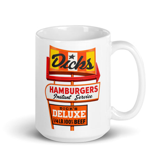 Dick’s Hamburgers 15 oz coffee mug with vintage roadside restaurant sign design