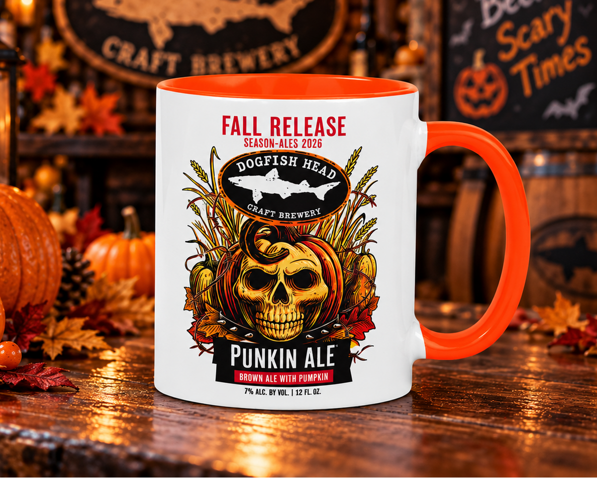Dogfish Head Punkin Ale ceramic coffee mug featuring spooky pumpkin skull and fall harvest brewery artwork