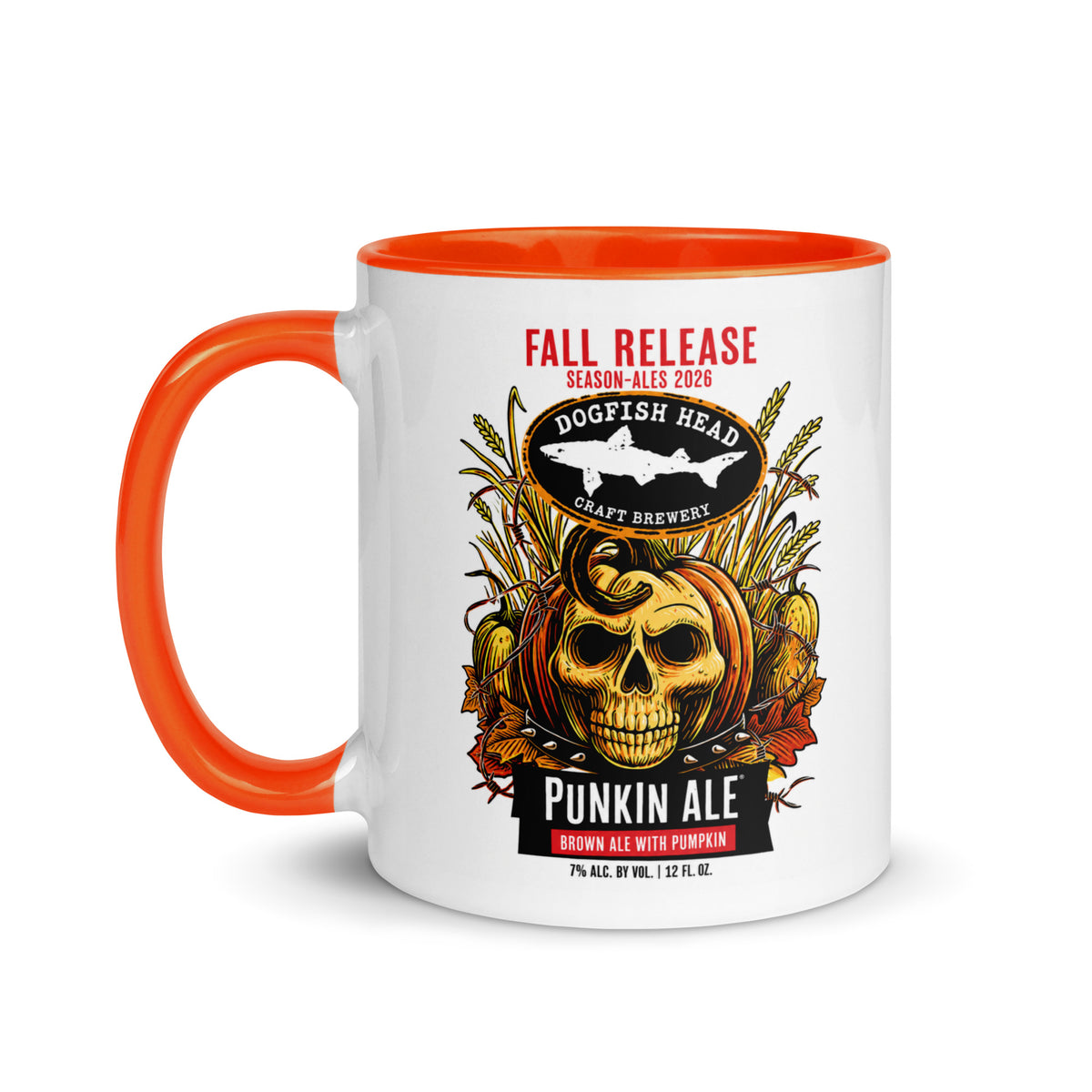Halloween Dogfish Head Punkin Ale coffee mug with orange handle, pumpkin skull and seasonal craft brewery design