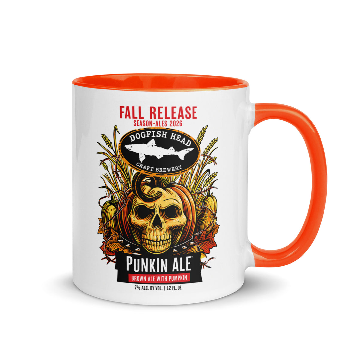 Dogfish Head Punkin Ale Halloween 11 oz coffee mug with pumpkin skull artwork and orange handle