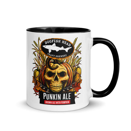 Dogfish Head Punkin Ale 11 oz coffee mug with Halloween pumpkin skull artwork and black handle