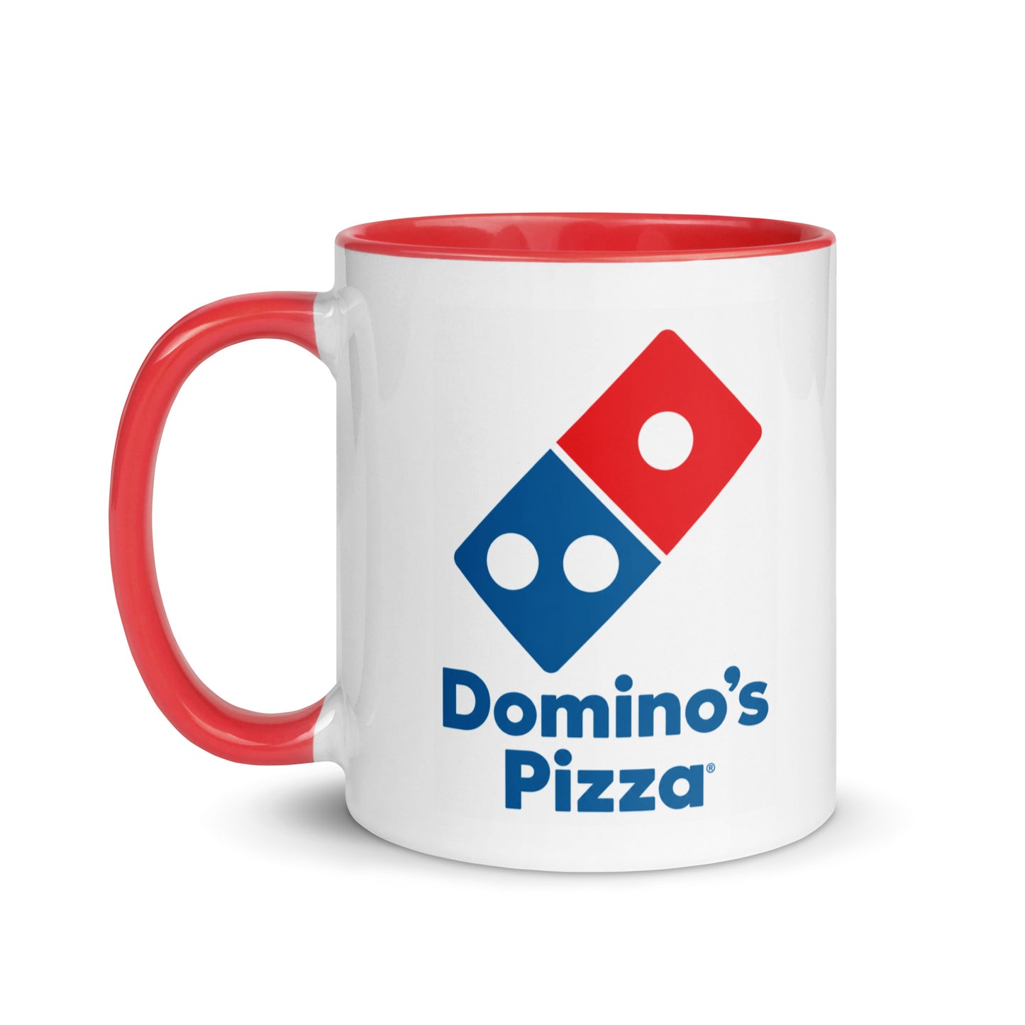 Domino’s Pizza logo coffee mug with red handle and interior, featuring the iconic pizza chain branding, perfect for pizza lovers, restaurant memorabilia collectors, and Domino’s fans.