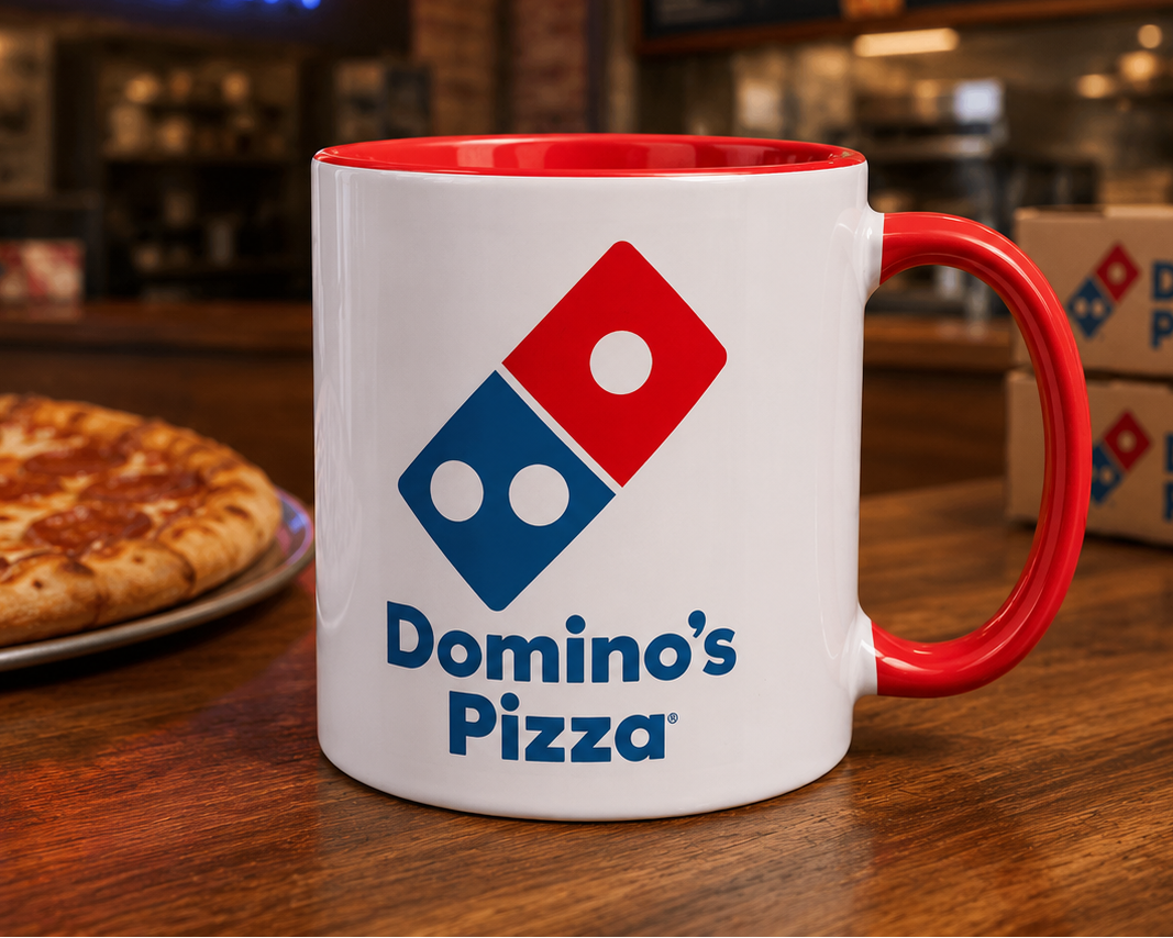 Domino’s Pizza logo coffee mug with red handle and interior, featuring the iconic pizza chain branding, perfect for pizza lovers, restaurant memorabilia collectors, and Domino’s fans.