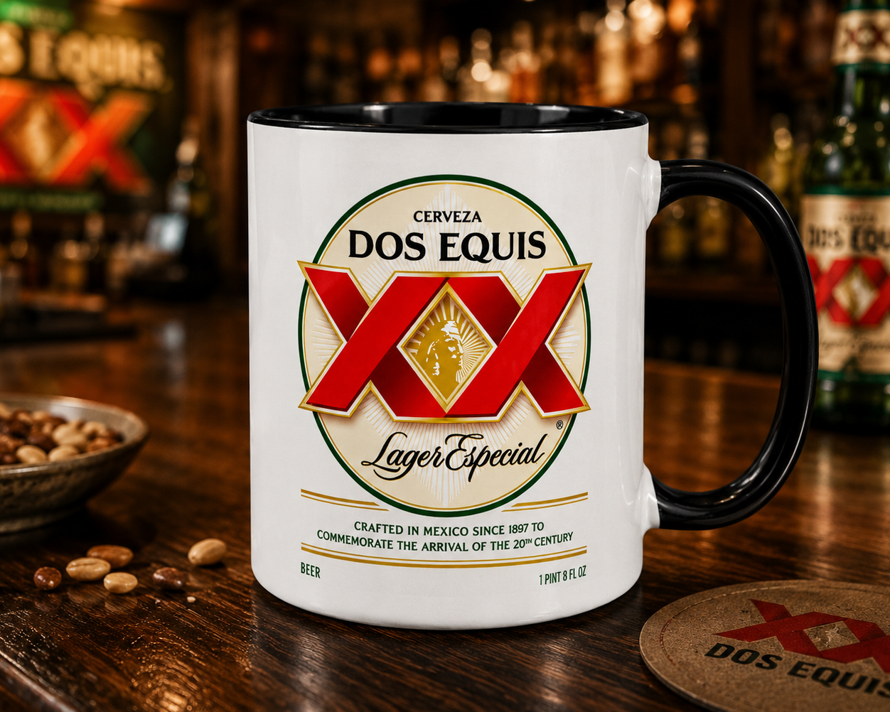 Dos Equis Lager Especial logo coffee mug featuring the iconic XX beer label design on a white ceramic mug with black handle, perfect for collectors and beer enthusiasts.