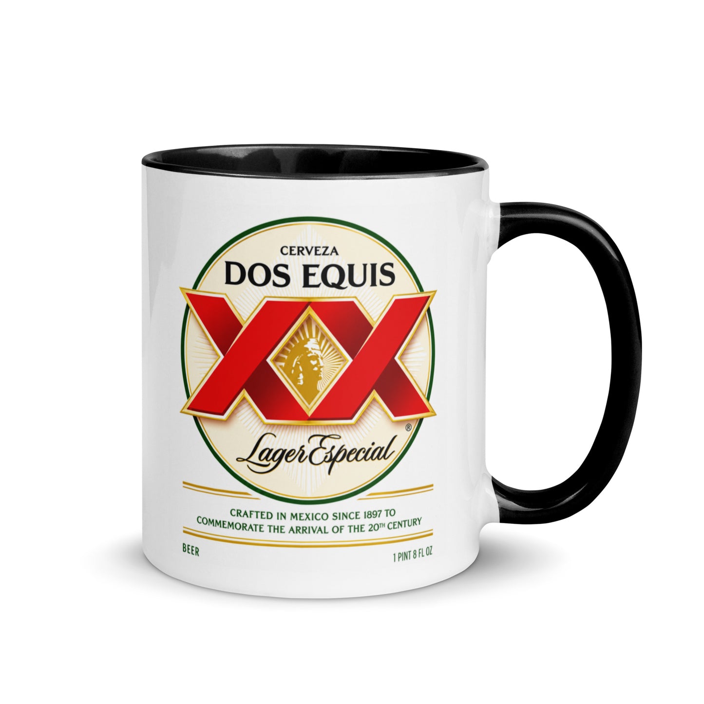 Dos Equis Lager Especial logo coffee mug featuring the iconic XX beer label design on a white ceramic mug with black handle, perfect for collectors and beer enthusiasts.