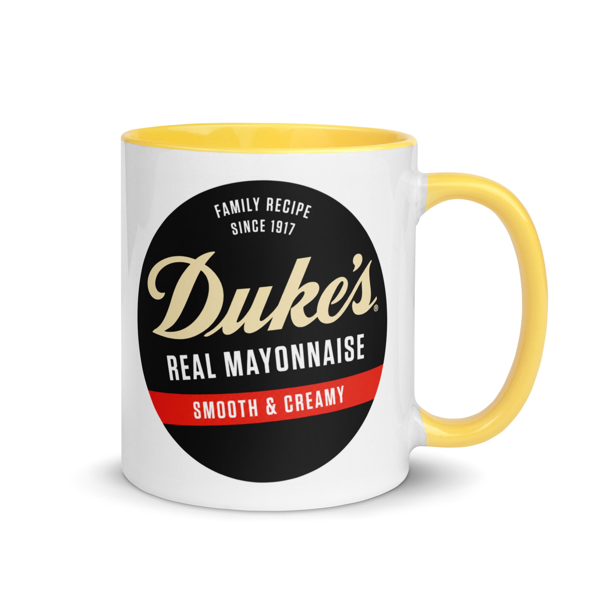 Duke's Real Mayonnaise coffee mug featuring the classic Duke's Family Recipe Since 1917 logo printed on a premium ceramic mug with yellow handle and interior, perfect for Southern food lovers, condiment fans, and nostalgic kitchen décor.