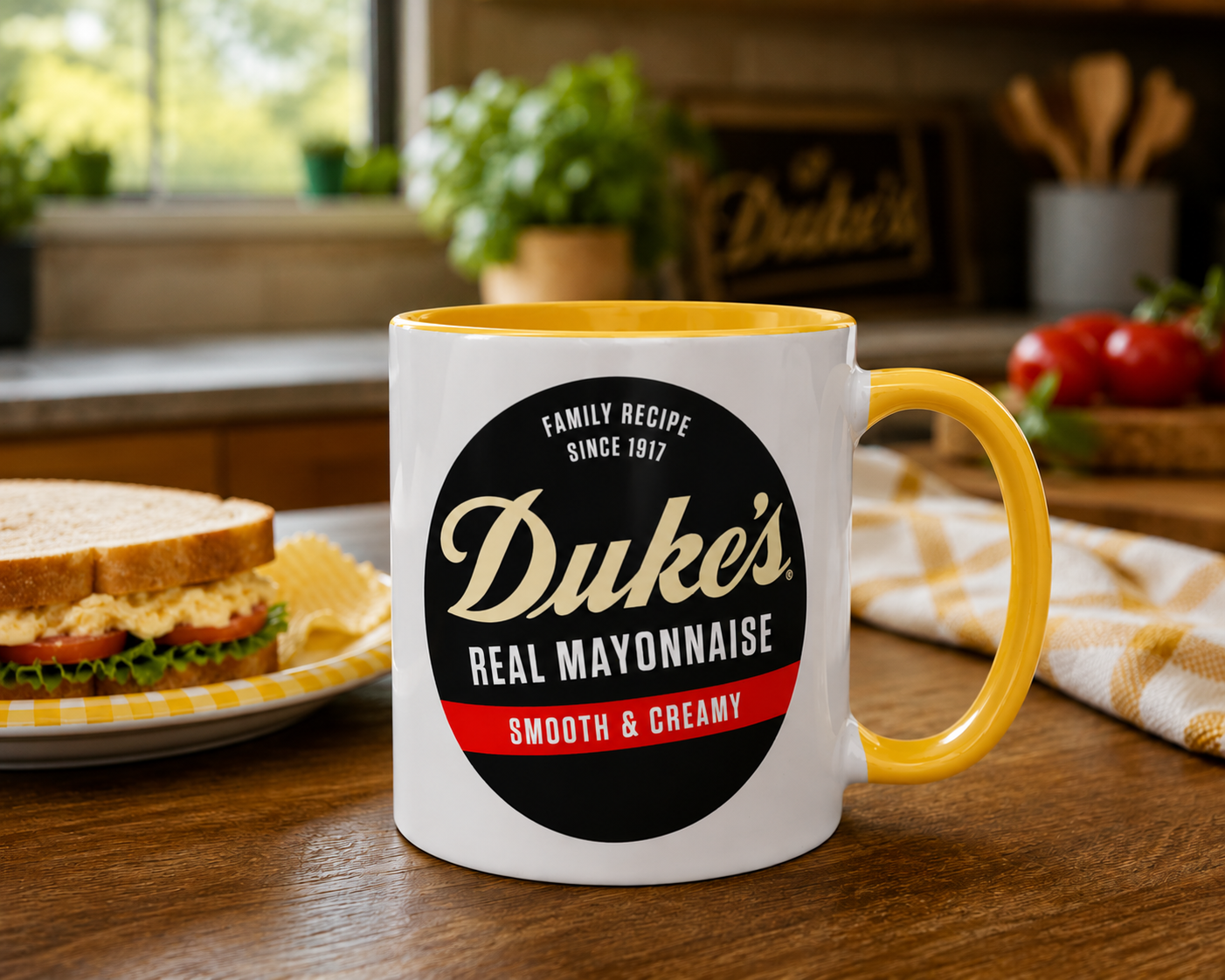 Duke's Real Mayonnaise coffee mug featuring the classic Duke's Family Recipe Since 1917 logo printed on a premium ceramic mug with yellow handle and interior, perfect for Southern food lovers, condiment fans, and nostalgic kitchen décor.