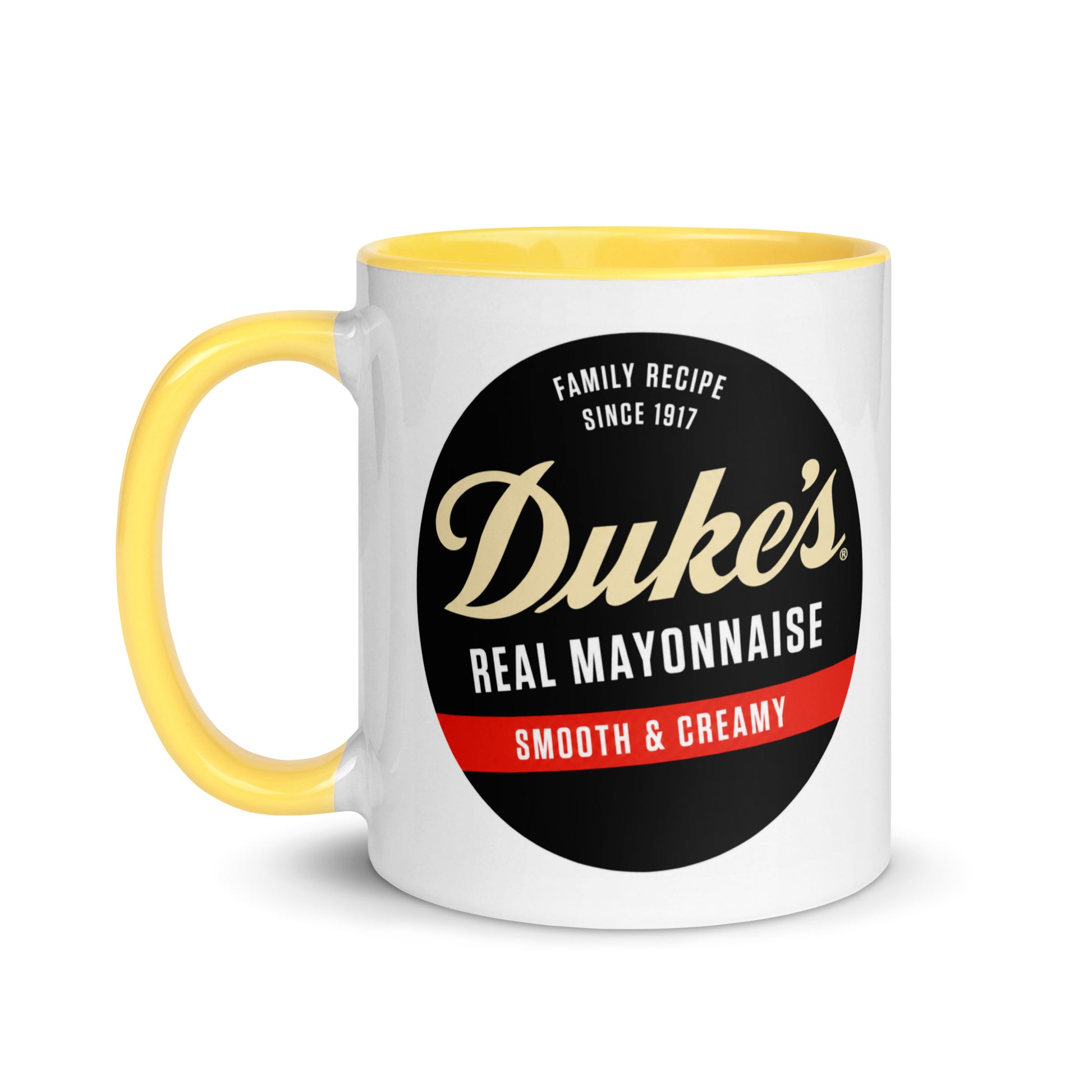 Vintage Duke's Mayonnaise logo coffee mug with the iconic Real Mayonnaise Smooth & Creamy design on a premium ceramic mug, an ideal gift for Duke's fans, home cooks, chefs, foodies, and Americana collectors.