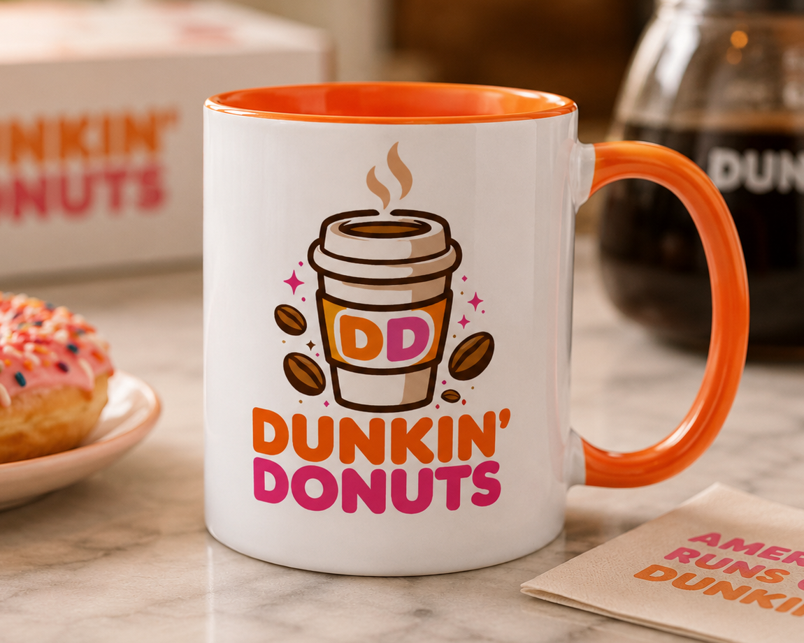 Dunkin' Donuts themed coffee mug featuring the recognizable coffee cup and logo design, nostalgic café drinkware gift for coffee fans, donut lovers, and collectors.