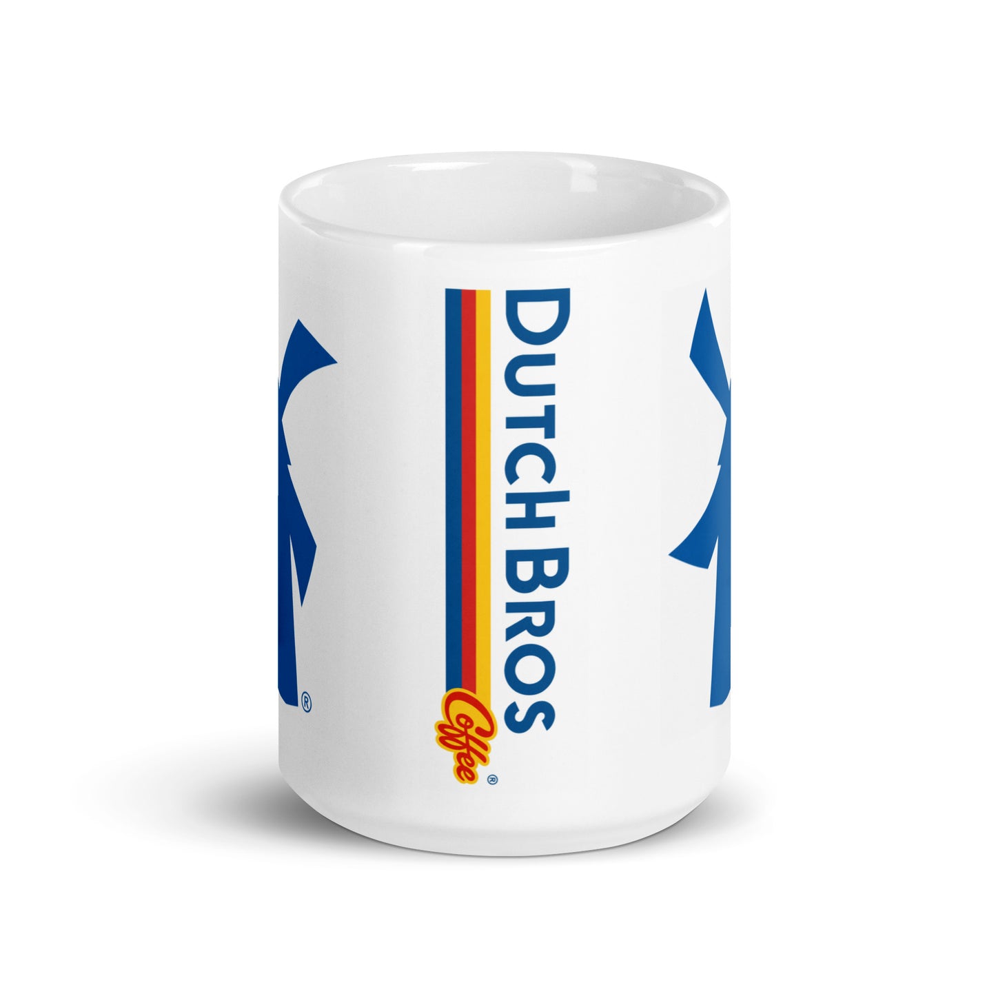 White 15oz ceramic Dutch Bros Coffee logo mug with wraparound blue windmill design, ideal for home coffee bars, office desks, kitchen décor, and collectible coffee brand merchandise.