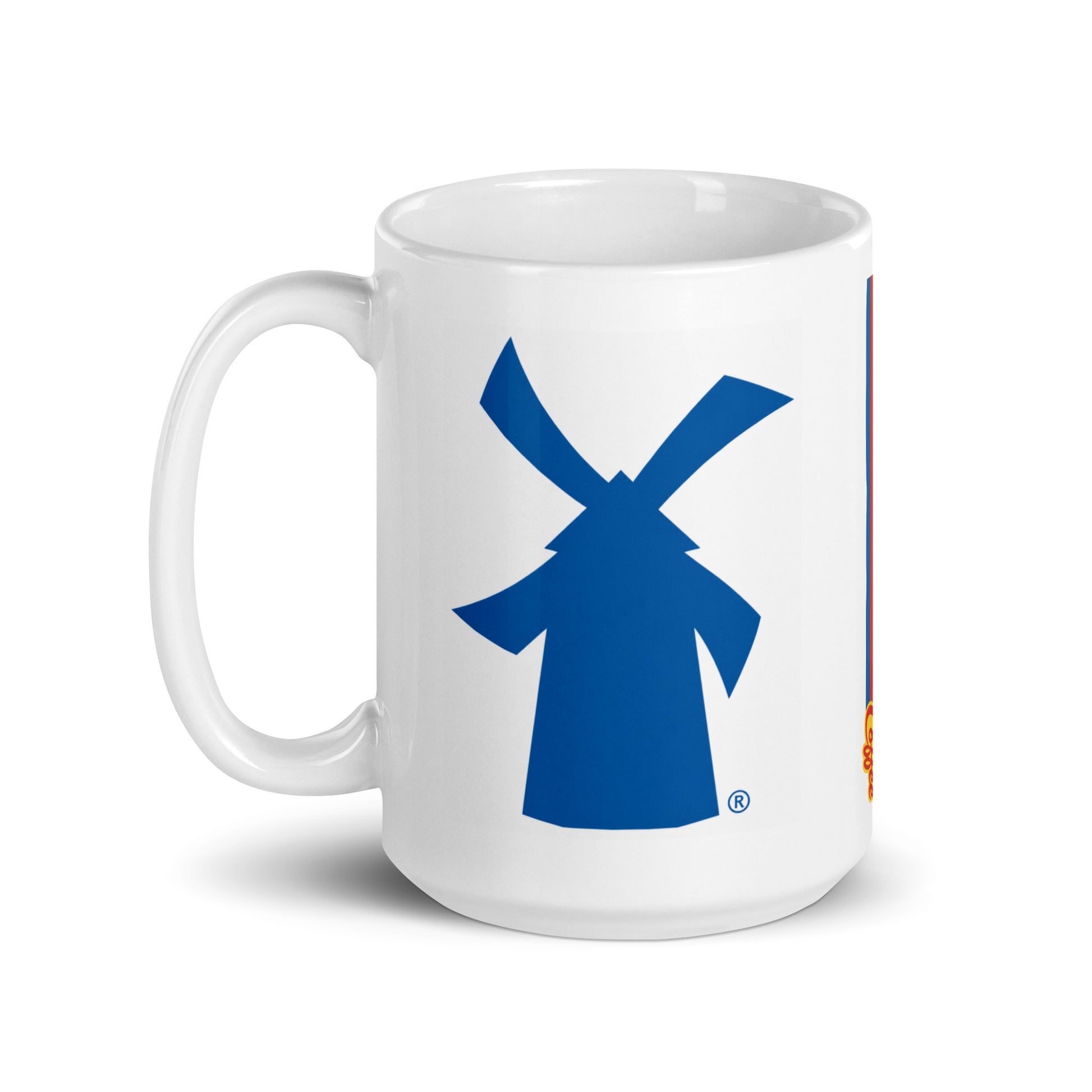 Dutch Bros Coffee windmill logo wraparound coffee mug featuring the iconic blue Dutch Bros emblem on a white 15oz ceramic mug, perfect for coffee lovers and café brand collectors.
