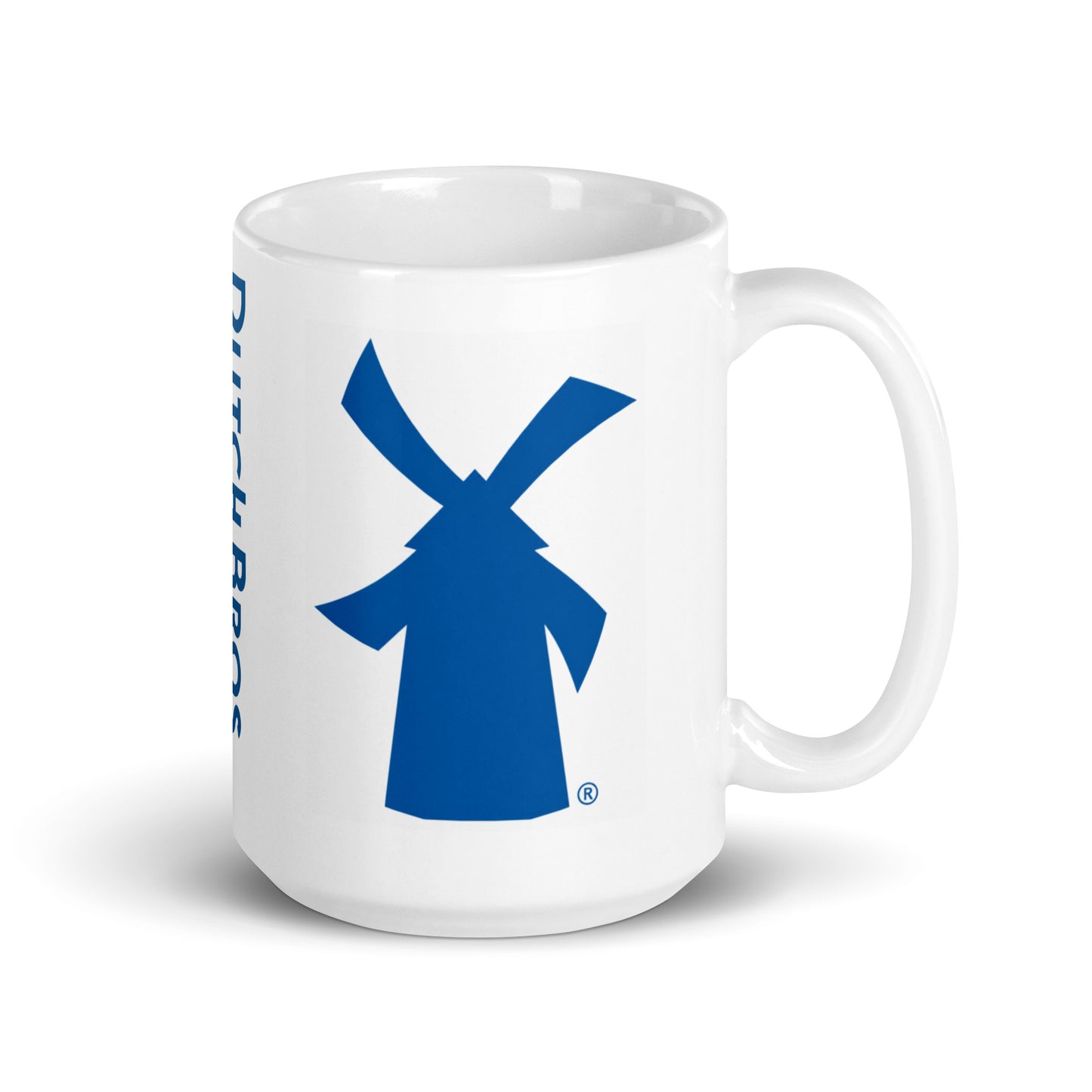 Dutch Bros Coffee wraparound ceramic coffee mug with the classic blue windmill logo, novelty gift for Dutch Bros fans, coffee enthusiasts, and nostalgic coffeehouse memorabilia collectors.