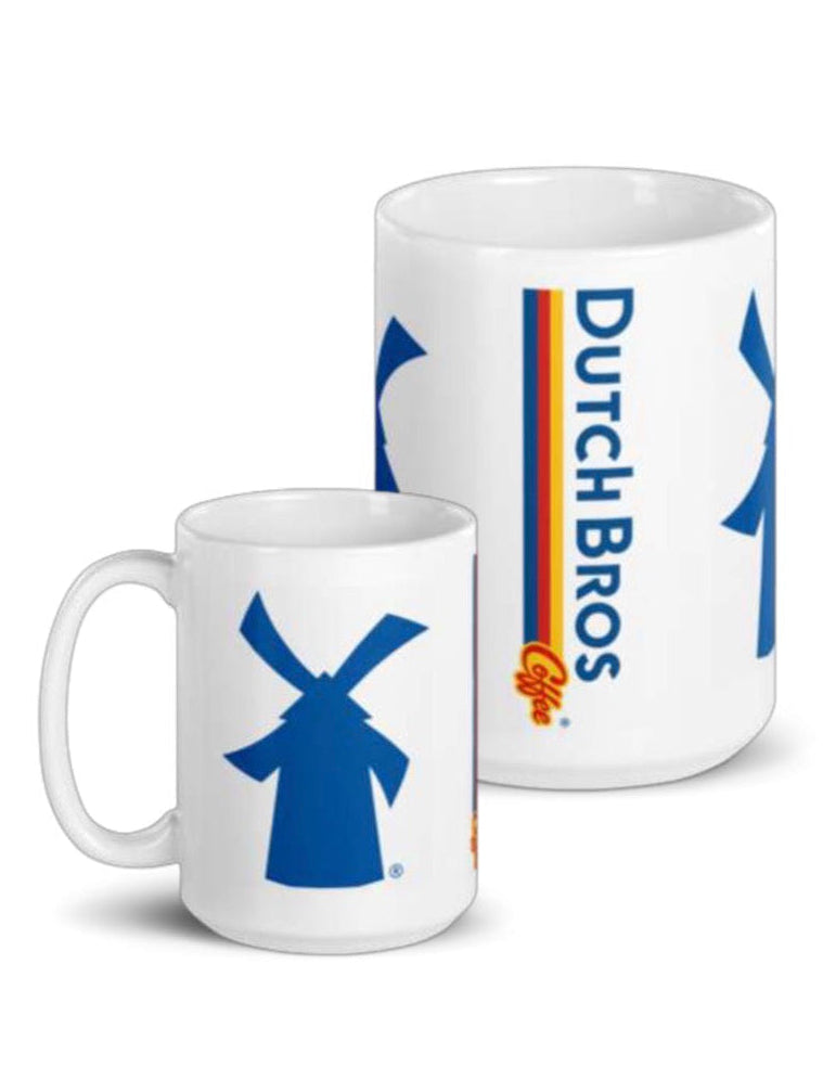 Dutch Bros Coffee windmill logo wraparound coffee mug featuring the iconic blue Dutch Bros emblem on a white 15oz ceramic mug, perfect for coffee lovers and café brand collectors.