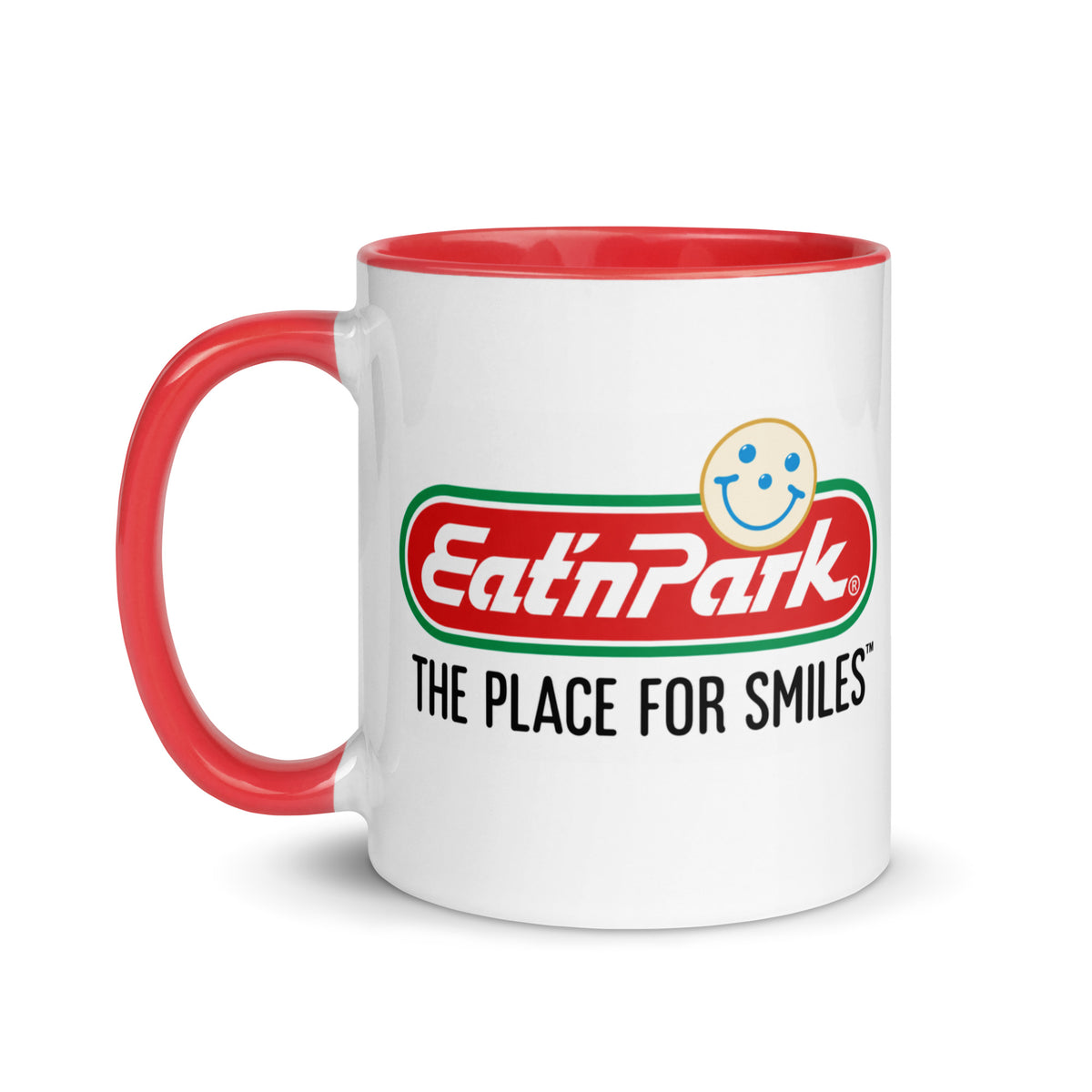 Vintage Eat’n Park coffee mug with classic smiley face restaurant logo and red accent handle