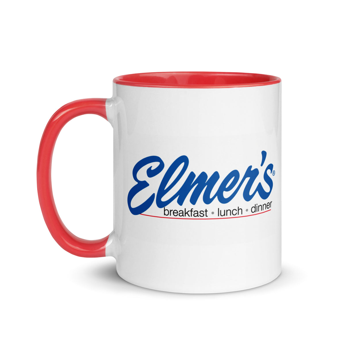 Elmer’s breakfast lunch and dinner coffee mug with classic family restaurant logo on white ceramic mug