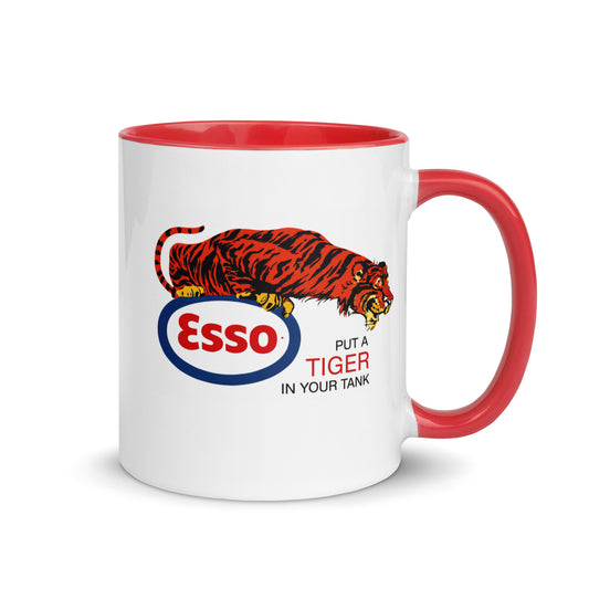Vintage Esso Tiger coffee mug featuring the classic "Put a Tiger in Your Tank" logo, perfect for gas station memorabilia collectors, automotive enthusiasts, and retro advertising fans.