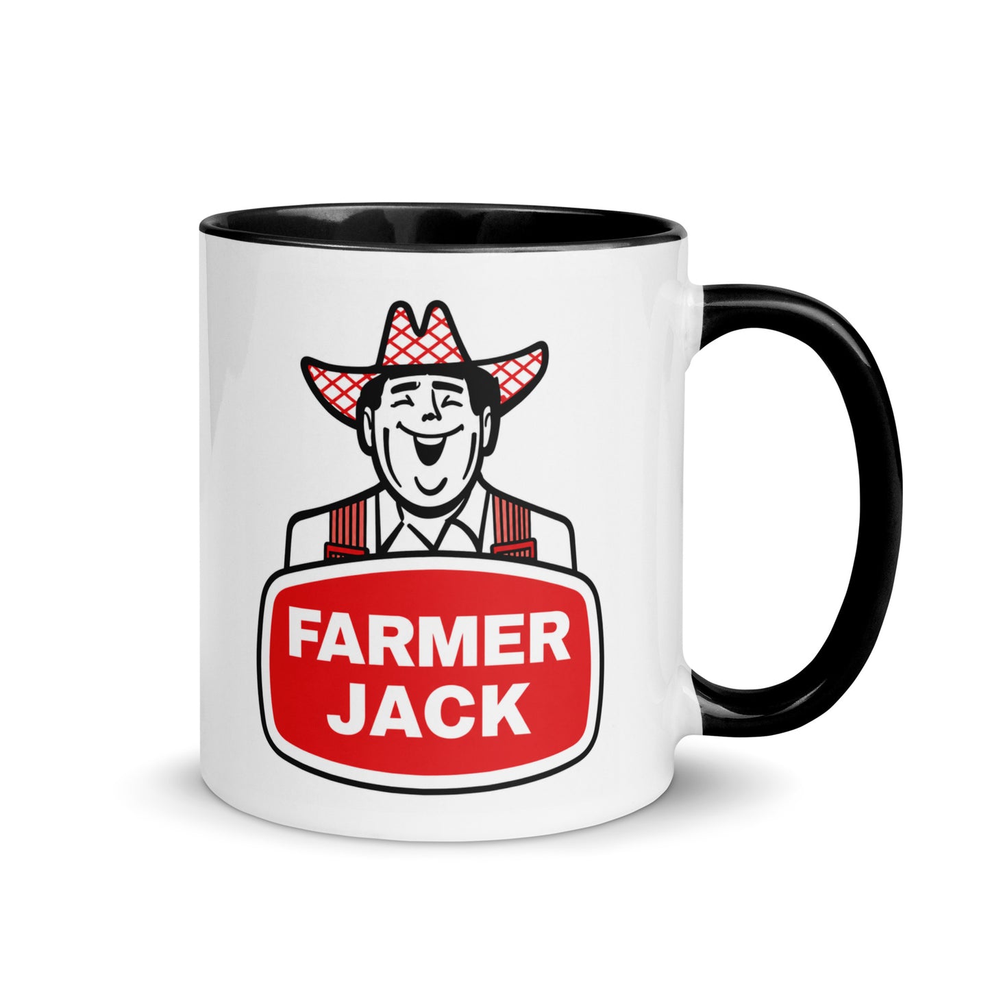 Vintage Farmer Jack coffee mug featuring the classic grocery store logo and mascot, perfect for supermarket memorabilia collectors, retro advertising fans, and nostalgic gift giving.
