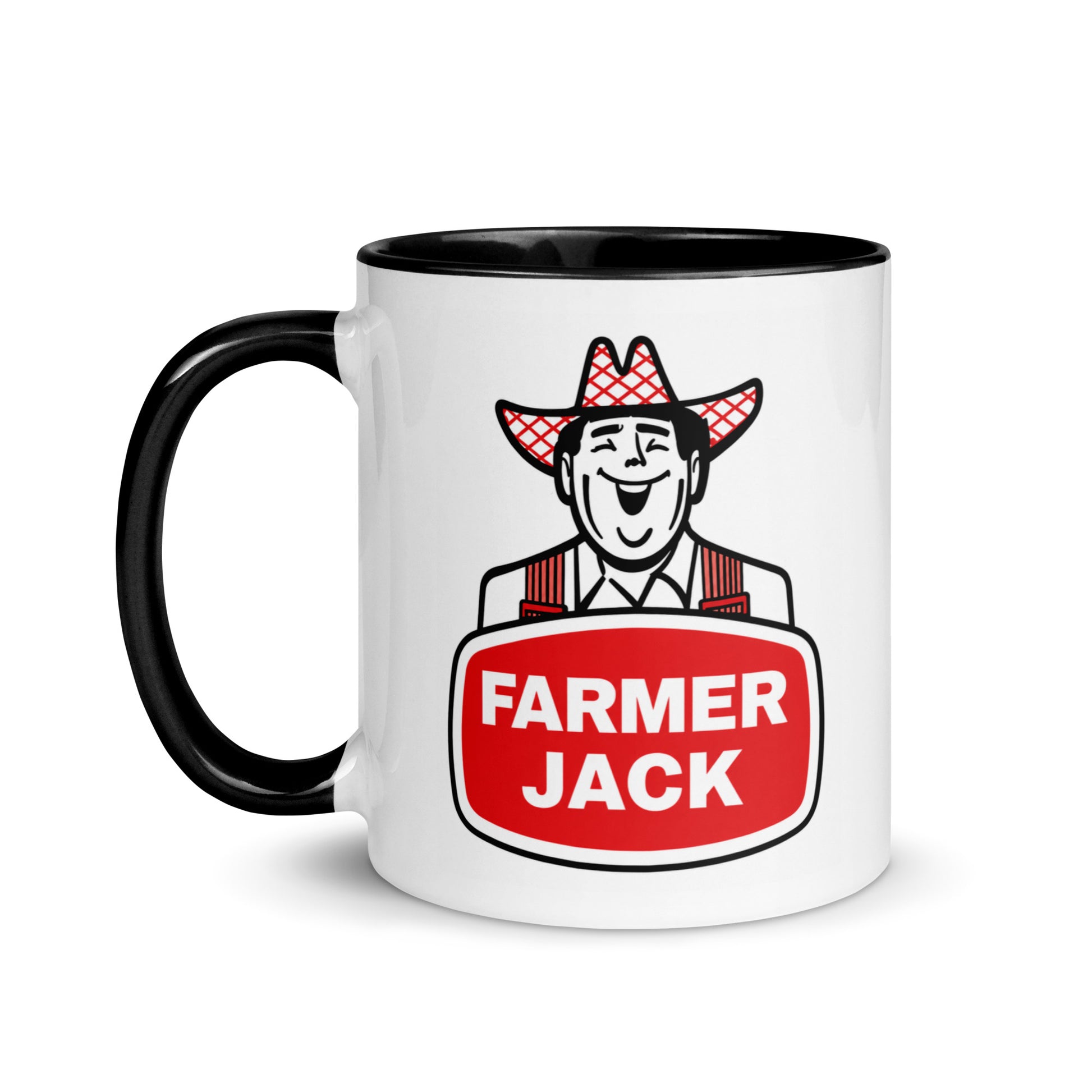 Classic Farmer Jack logo ceramic coffee mug with iconic smiling farmer artwork, ideal for former customers, grocery store collectors, and lovers of vintage Americana brands.