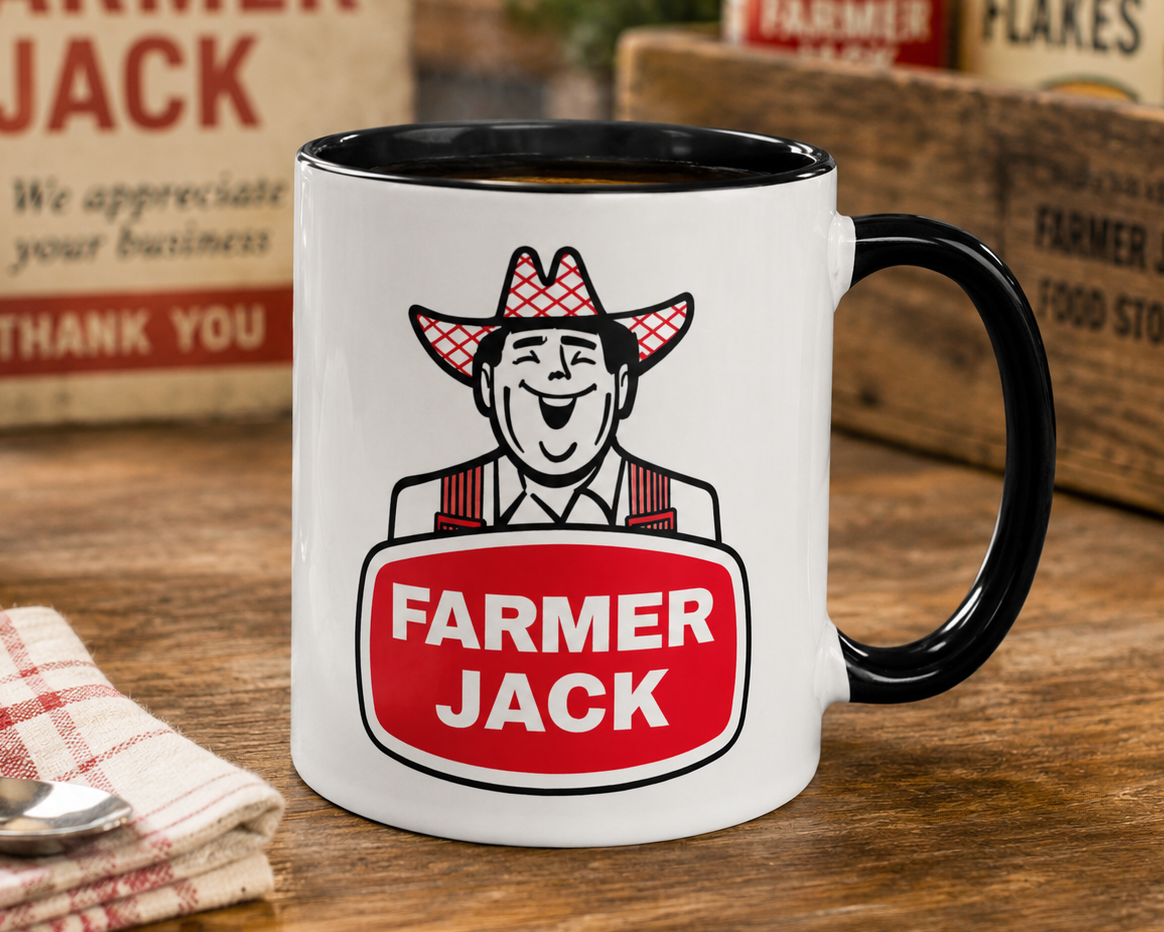 Vintage Farmer Jack coffee mug featuring the classic grocery store logo and mascot, perfect for supermarket memorabilia collectors, retro advertising fans, and nostalgic gift giving.
