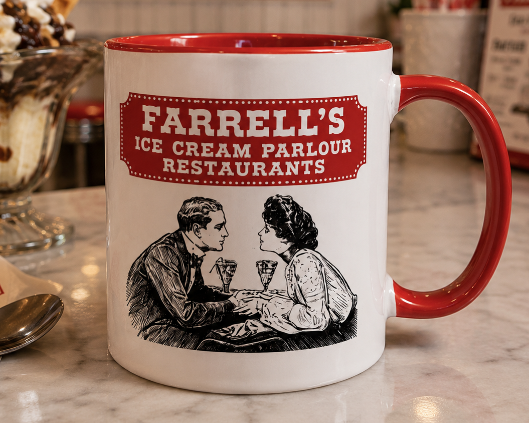 Farrell's Ice Cream Parlour Restaurants logo coffee mug featuring the nostalgic vintage Farrell's branding on a white ceramic mug with red handle and interior, perfect for ice cream lovers and retro restaurant collectors.