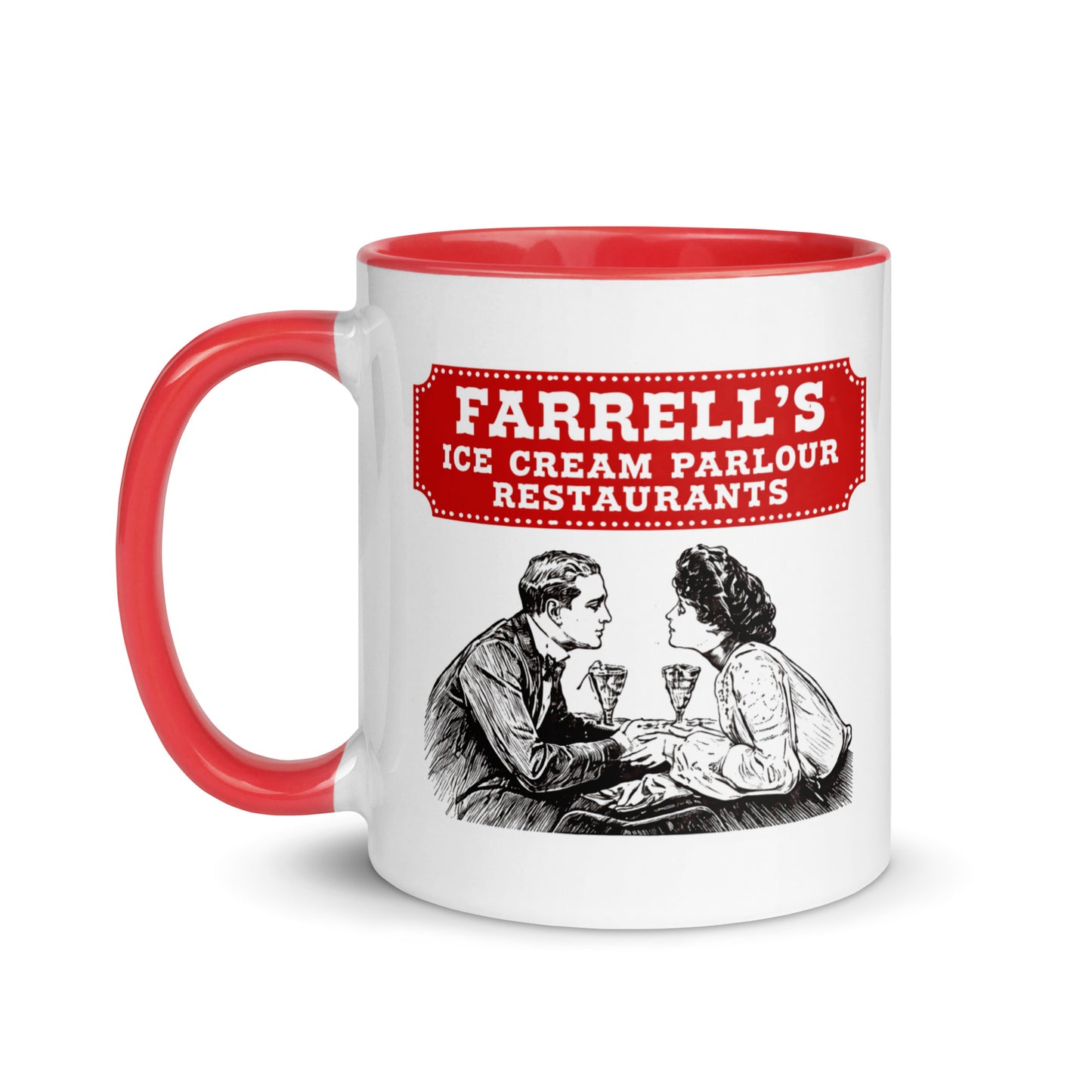 Vintage Farrell's Ice Cream Parlour ceramic coffee mug with classic restaurant logo and nostalgic artwork, novelty gift for ice cream fans, restaurant memorabilia collectors, and coffee enthusiasts.