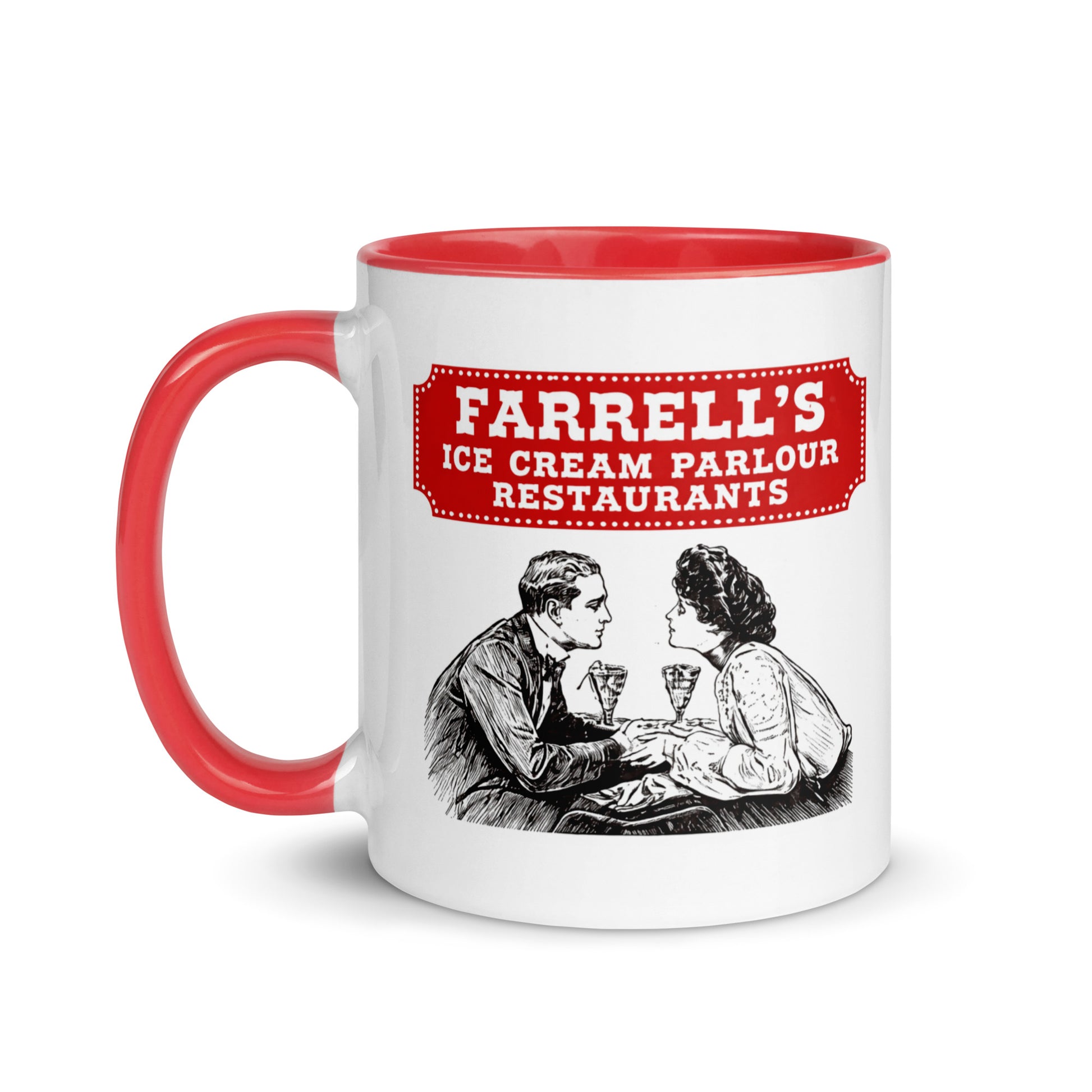 Vintage Farrell's Ice Cream Parlour ceramic coffee mug with classic restaurant logo and nostalgic artwork, novelty gift for ice cream fans, restaurant memorabilia collectors, and coffee enthusiasts.
