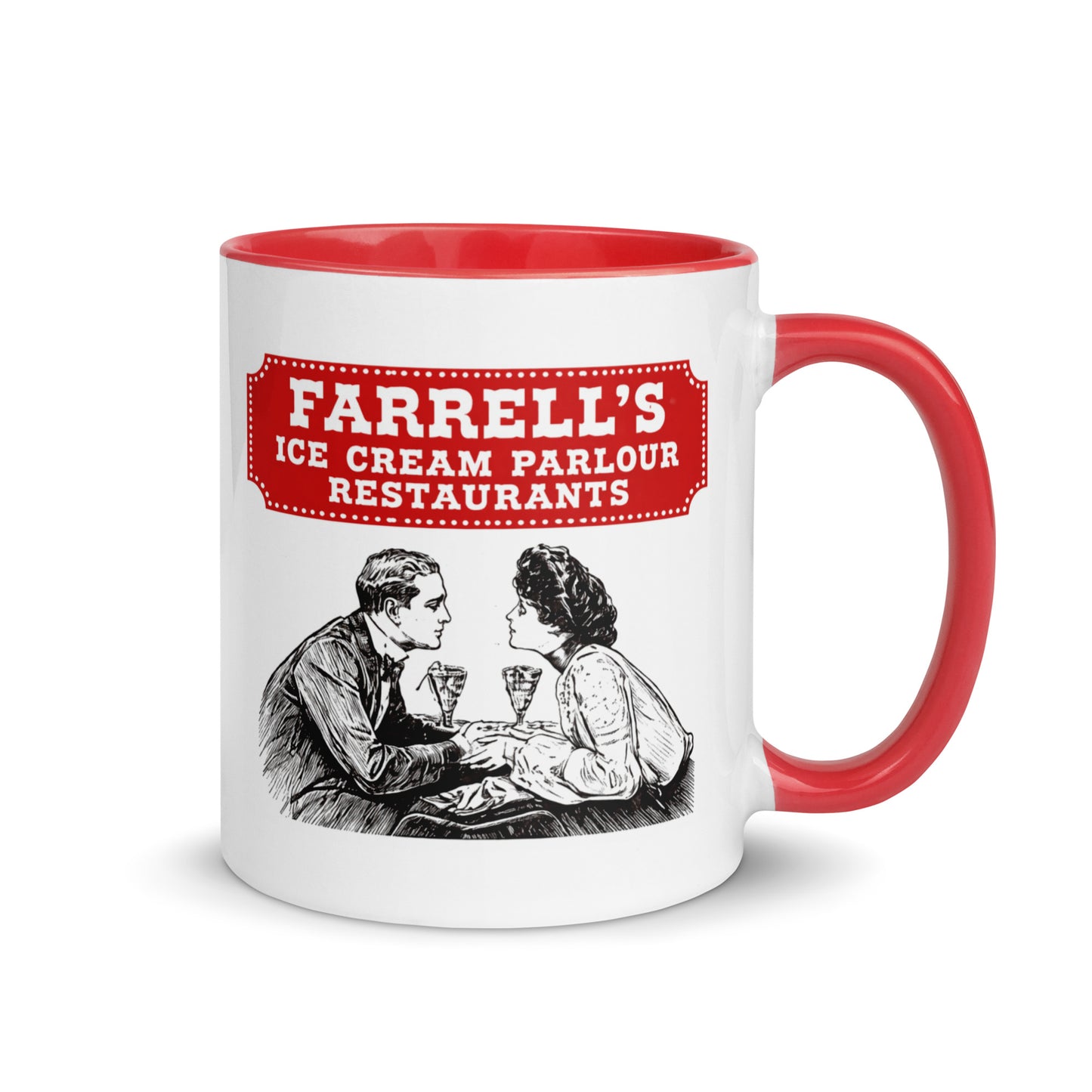 Farrell's Ice Cream Parlour Restaurants logo coffee mug featuring the nostalgic vintage Farrell's branding on a white ceramic mug with red handle and interior, perfect for ice cream lovers and retro restaurant collectors.