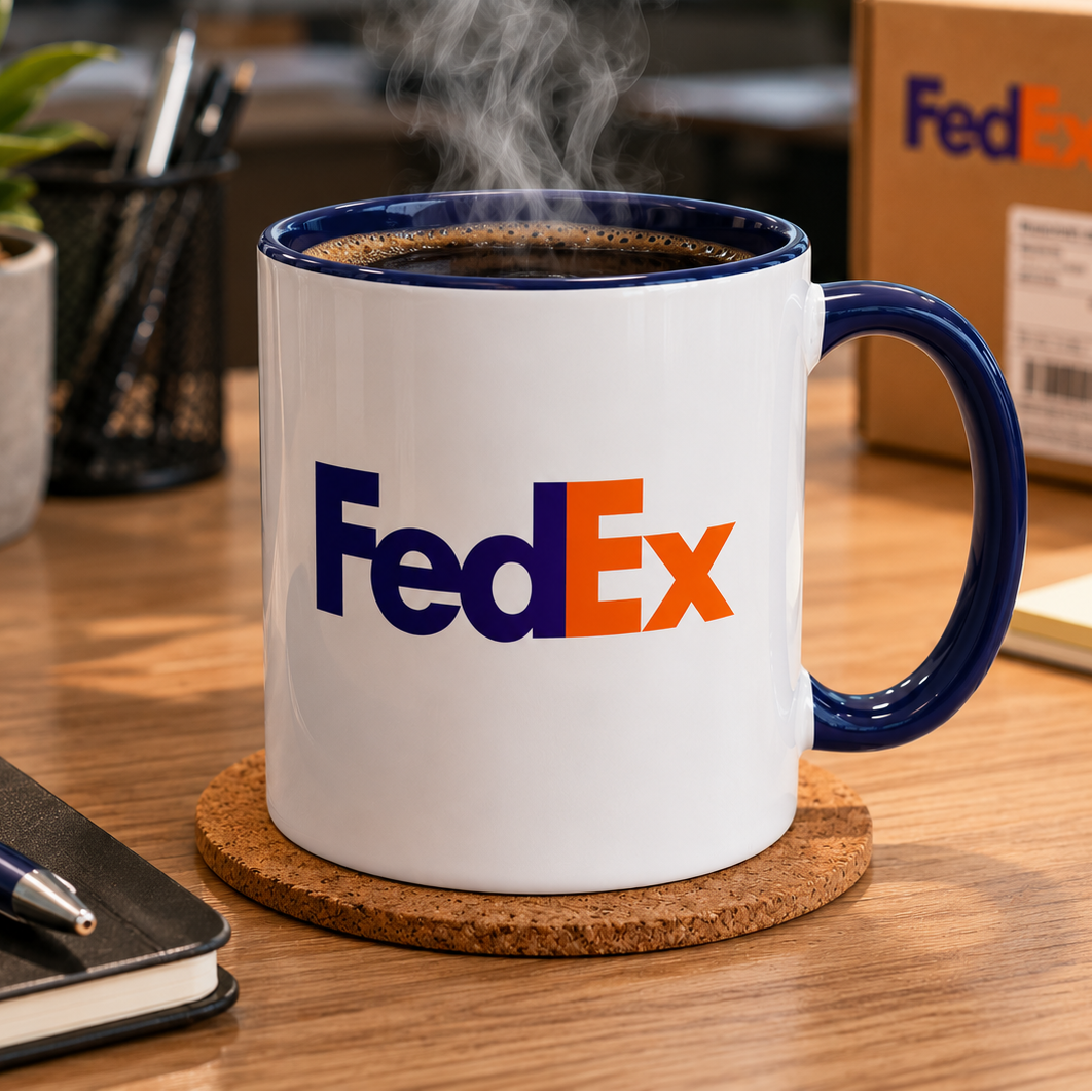 Retro FedEx logo coffee mug inspired by iconic package delivery branding, ideal for courier employees, transportation fans, office coffee drinkers, and advertising memorabilia collectors.