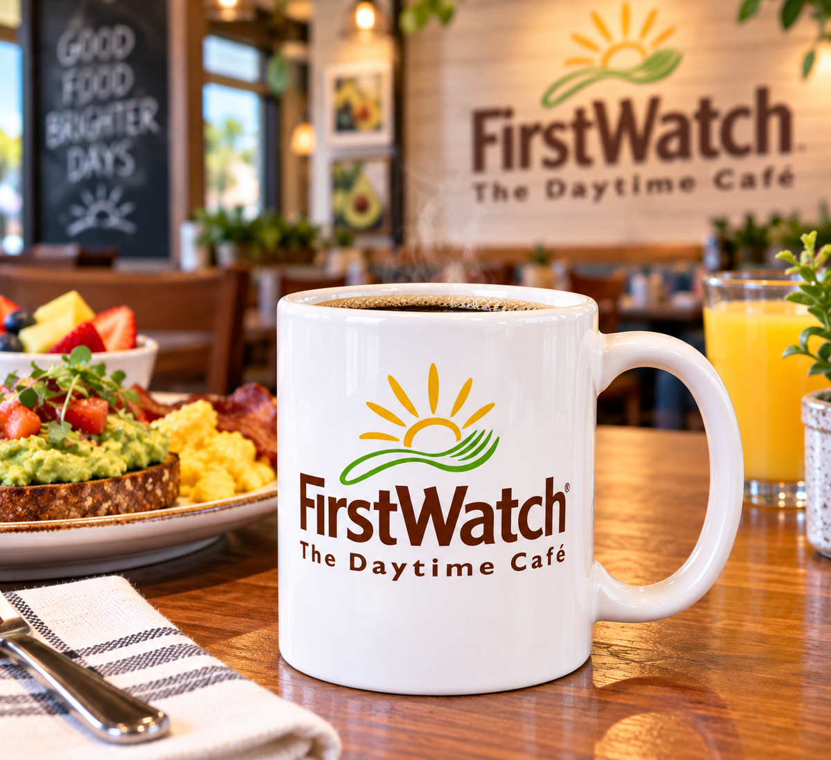 First Watch restaurant coffee mug with signature sunrise logo and The Daytime Café lettering on white ceramic, perfect for breakfast lovers