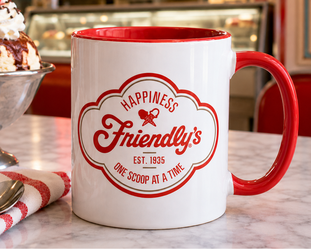 Vintage Friendly’s restaurant coffee mug featuring the classic Friendly’s logo and ice cream branding, perfect for nostalgic diner fans, ice cream lovers, restaurant memorabilia collectors, and coffee enthusiasts.