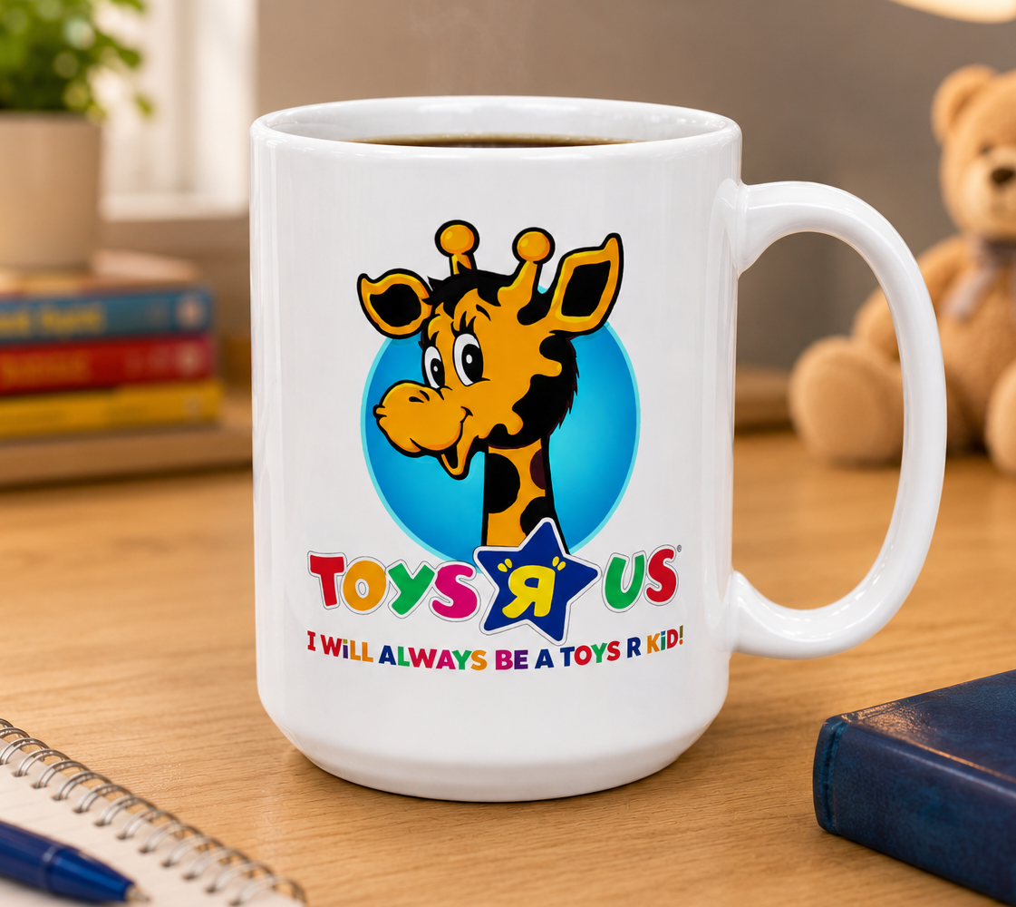 Retro Toys R Us coffee mug showcasing Geoffrey the Giraffe mascot and iconic toy store branding, ideal for 80s and 90s kids, toy collectors, and nostalgic gift giving.
