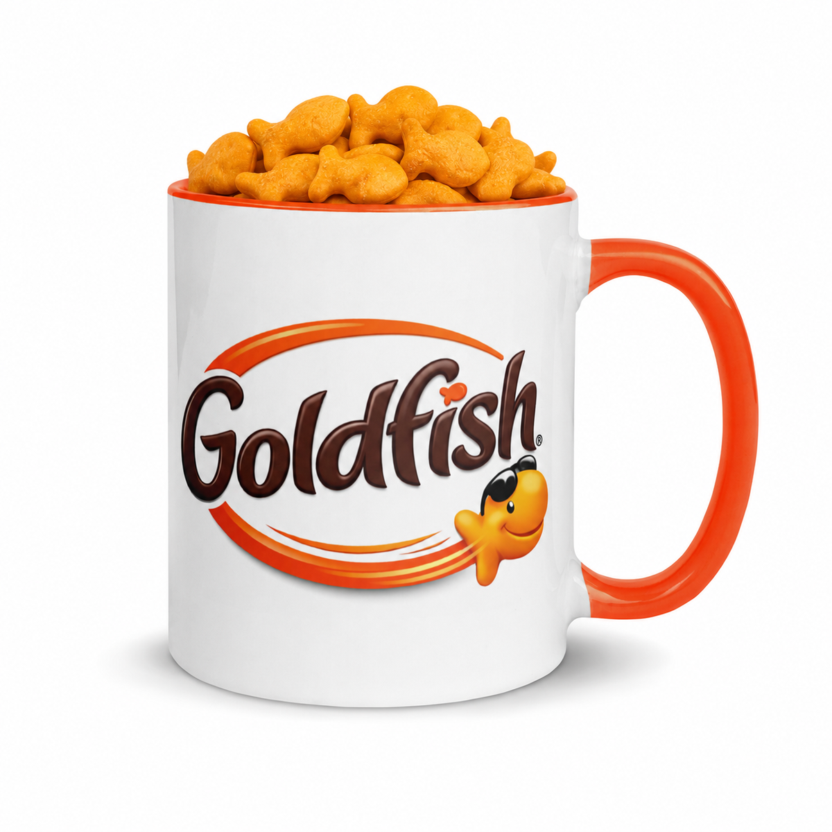 Goldfish Crackers logo coffee mug filled with Goldfish snacks, a fun nostalgic gift for snack lovers and collectors.