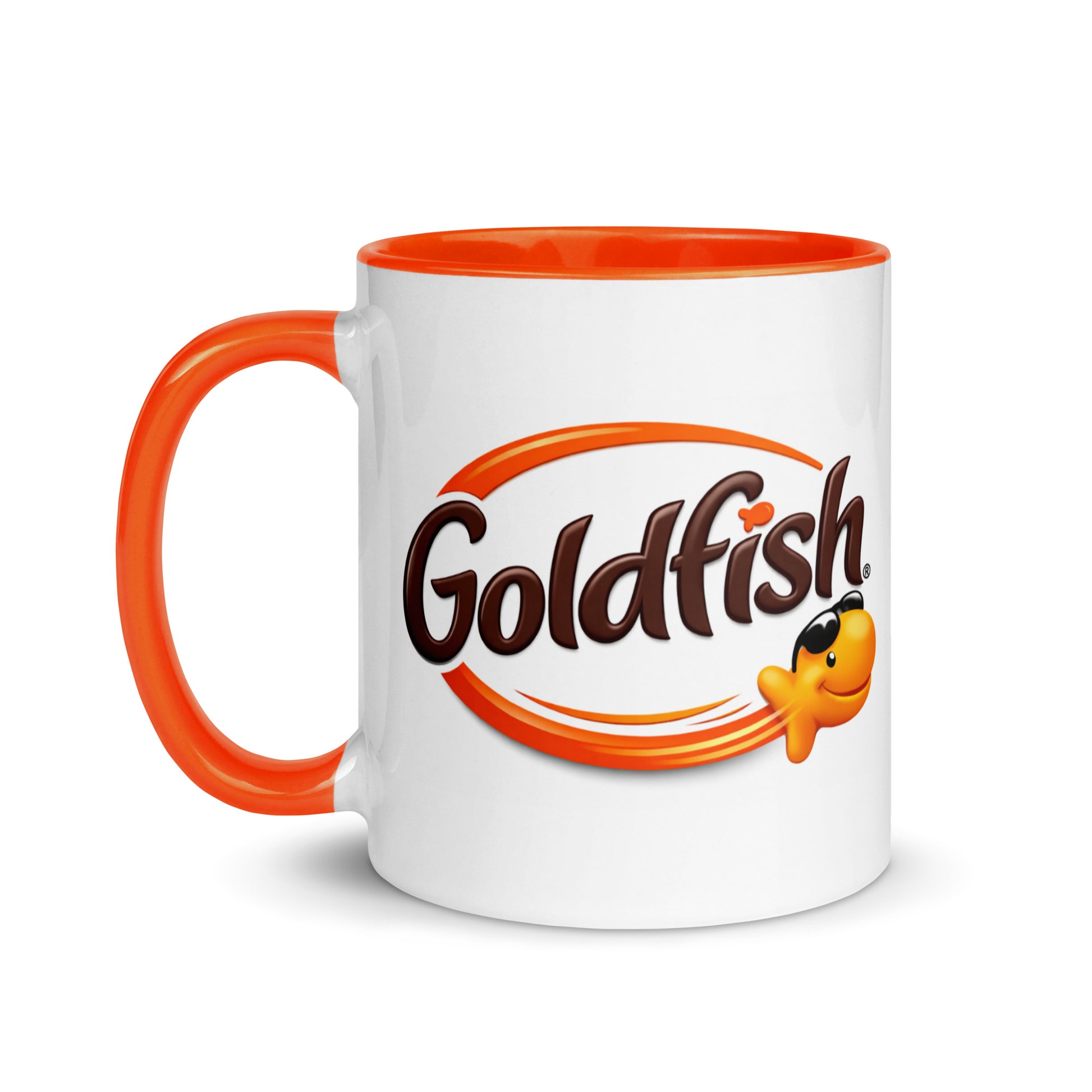 Goldfish snack brand coffee mug with classic Goldfish logo artwork, novelty ceramic drinkware gift for cracker fans, food memorabilia collectors, and coffee enthusiasts.