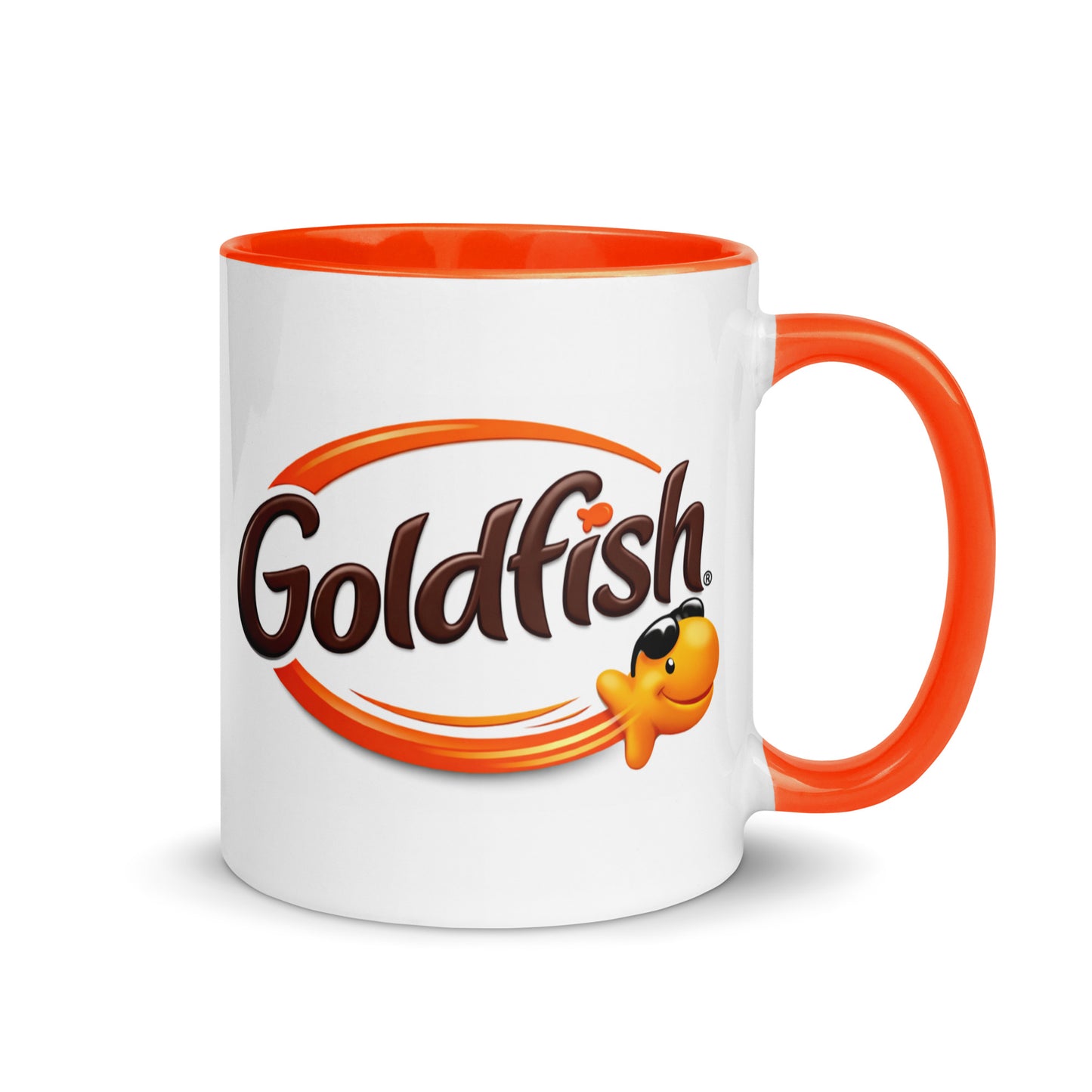 Goldfish Crackers logo coffee mug featuring the iconic smiling Goldfish mascot on a white ceramic mug with orange handle and interior, perfect for snack lovers and nostalgic food brand collectors.