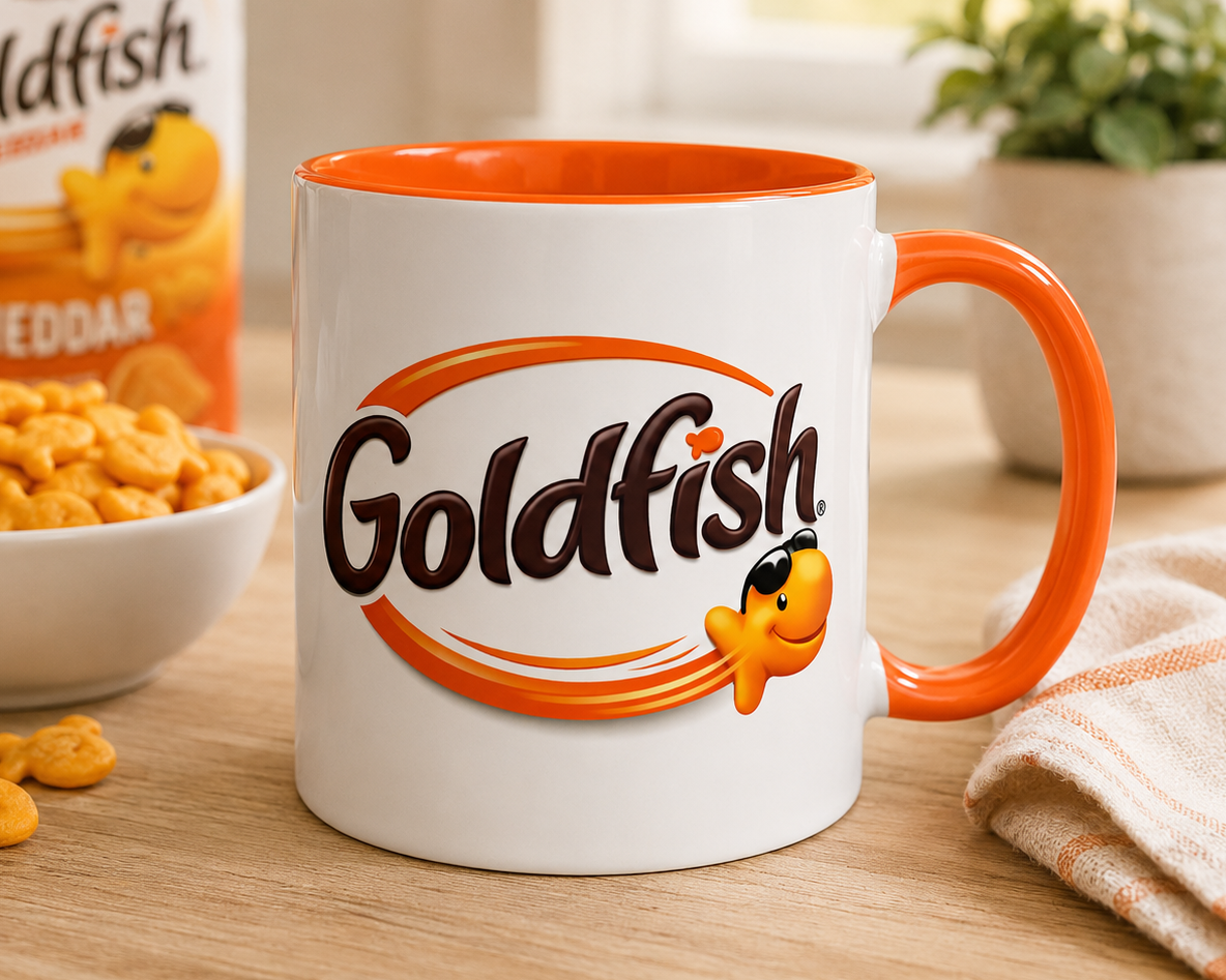 Goldfish Crackers logo coffee mug featuring the iconic smiling Goldfish mascot on a white ceramic mug with orange handle and interior, perfect for snack lovers and nostalgic food brand collectors.