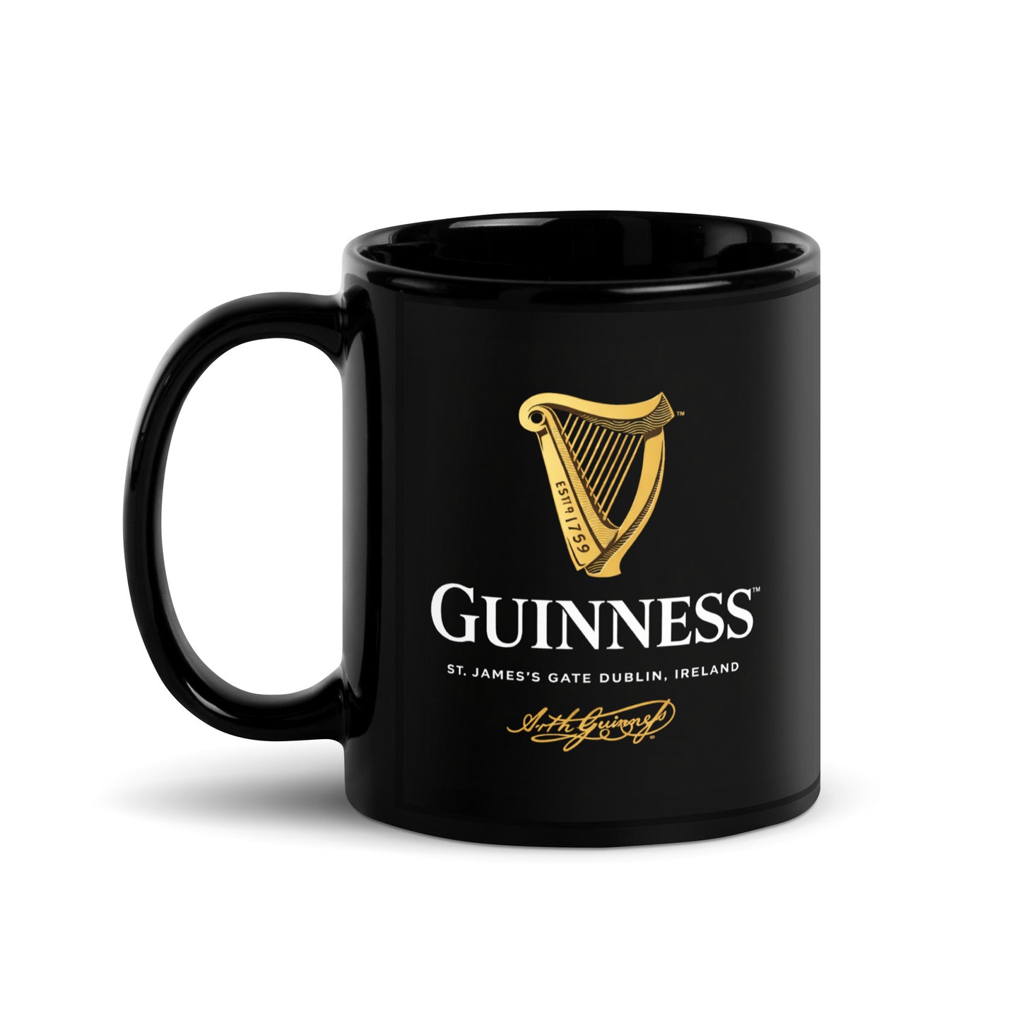 Guinness themed coffee mug featuring the famous Irish stout logo and gold harp artwork, nostalgic gift for beer lovers, collectors, and Irish pub fans.