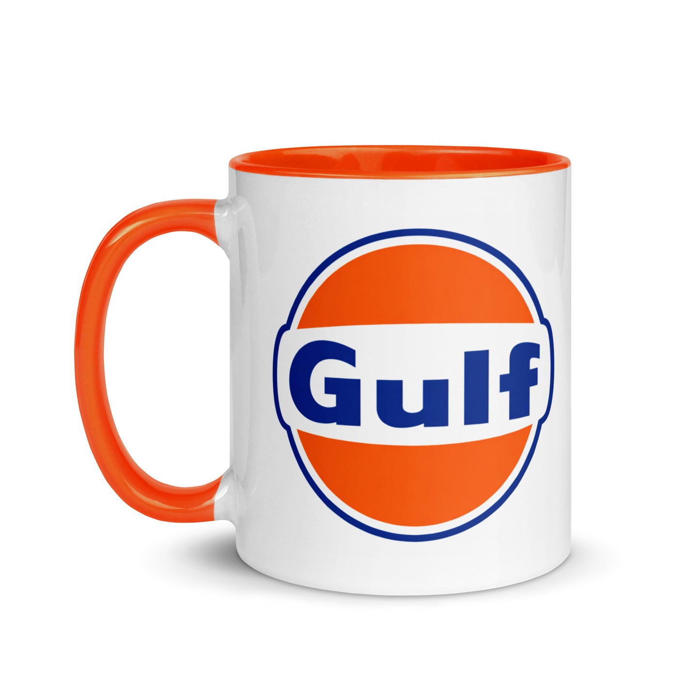 Vintage Gulf Oil logo coffee mug featuring the iconic orange and blue Gulf gasoline emblem, perfect for classic car enthusiasts, gas station memorabilia collectors, and Americana fans.