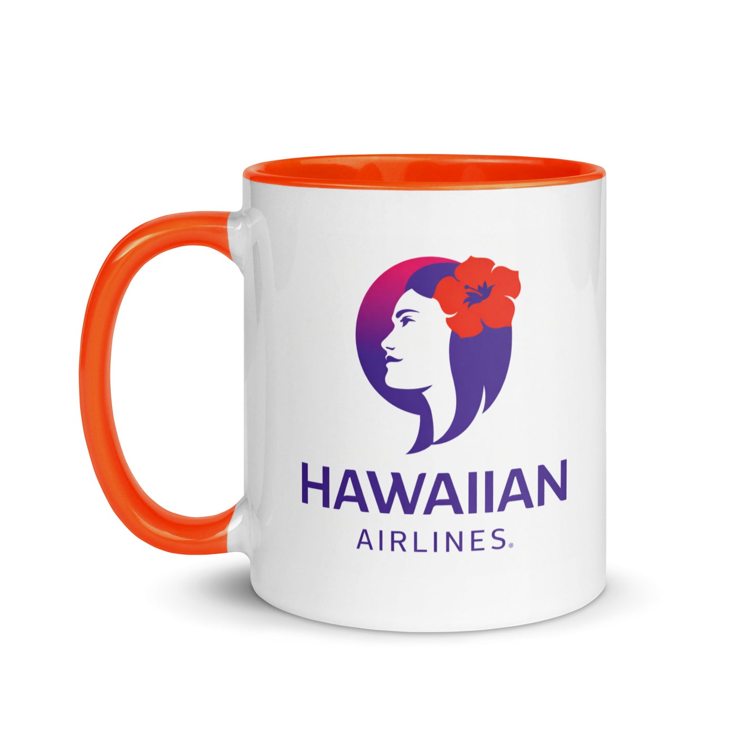 Hawaiian Airlines logo coffee mug with orange accent handle and interior, featuring the iconic Pualani logo on a white ceramic coffee cup for aviation enthusiasts and travelers.
