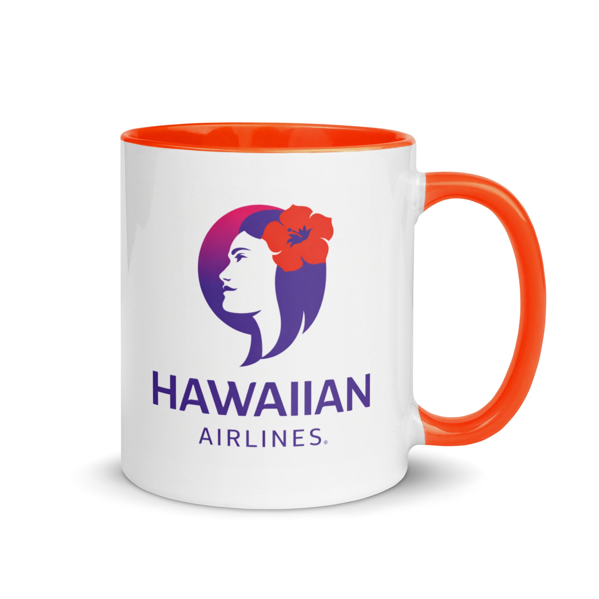 Hawaiian Airlines logo coffee mug with orange accent handle and interior, featuring the iconic Pualani airline design on a white ceramic mug for aviation enthusiasts, travelers, and collectors.