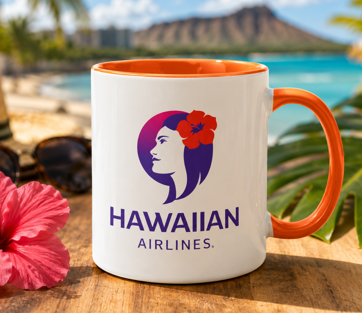 Hawaiian Airlines themed coffee mug featuring the classic airline logo, tropical aviation gift for pilots, flight attendants, travelers, and airline memorabilia collectors.
