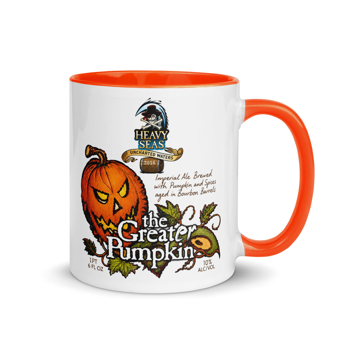 The Greater Pumpkin Heavy Seas 11 oz coffee mug with Halloween pumpkin artwork and orange handle